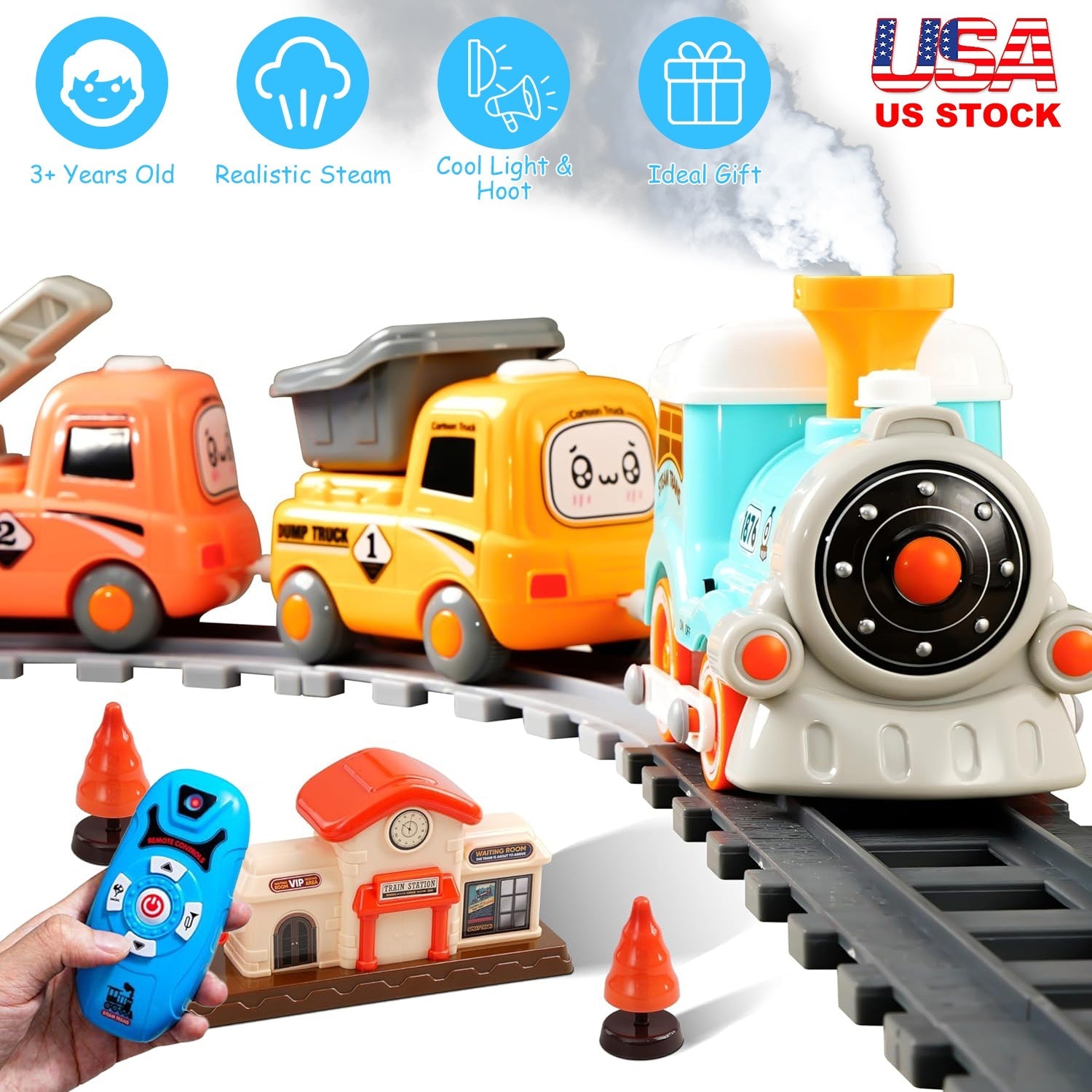 Electric Train Set with Smokes Light Sound Remote Magnetic Train Toys with Locomotive 3 Trucks Gifts for Kids Aged 3 4 5 6 Year Old