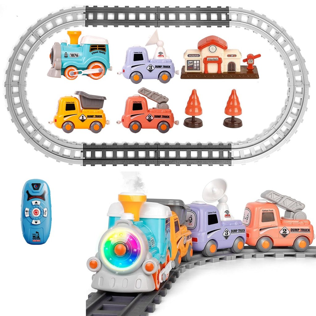 Electric Train Set with Smokes Light Sound Remote Magnetic Train Toys with Locomotive 3 Trucks Gifts for Kids Aged 3 4 5 6 Year Old