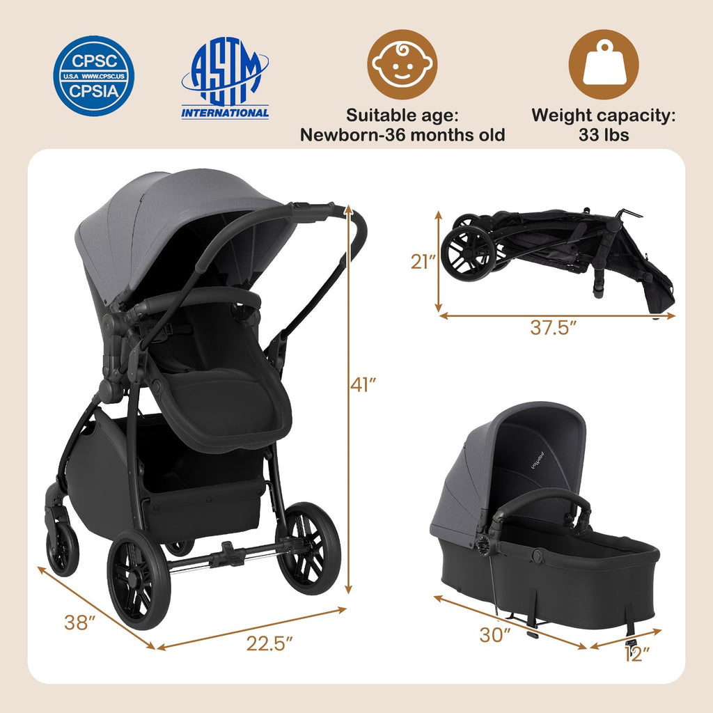 2-in-1 Baby Stroller with Bassinet Mode and Reversible Seat