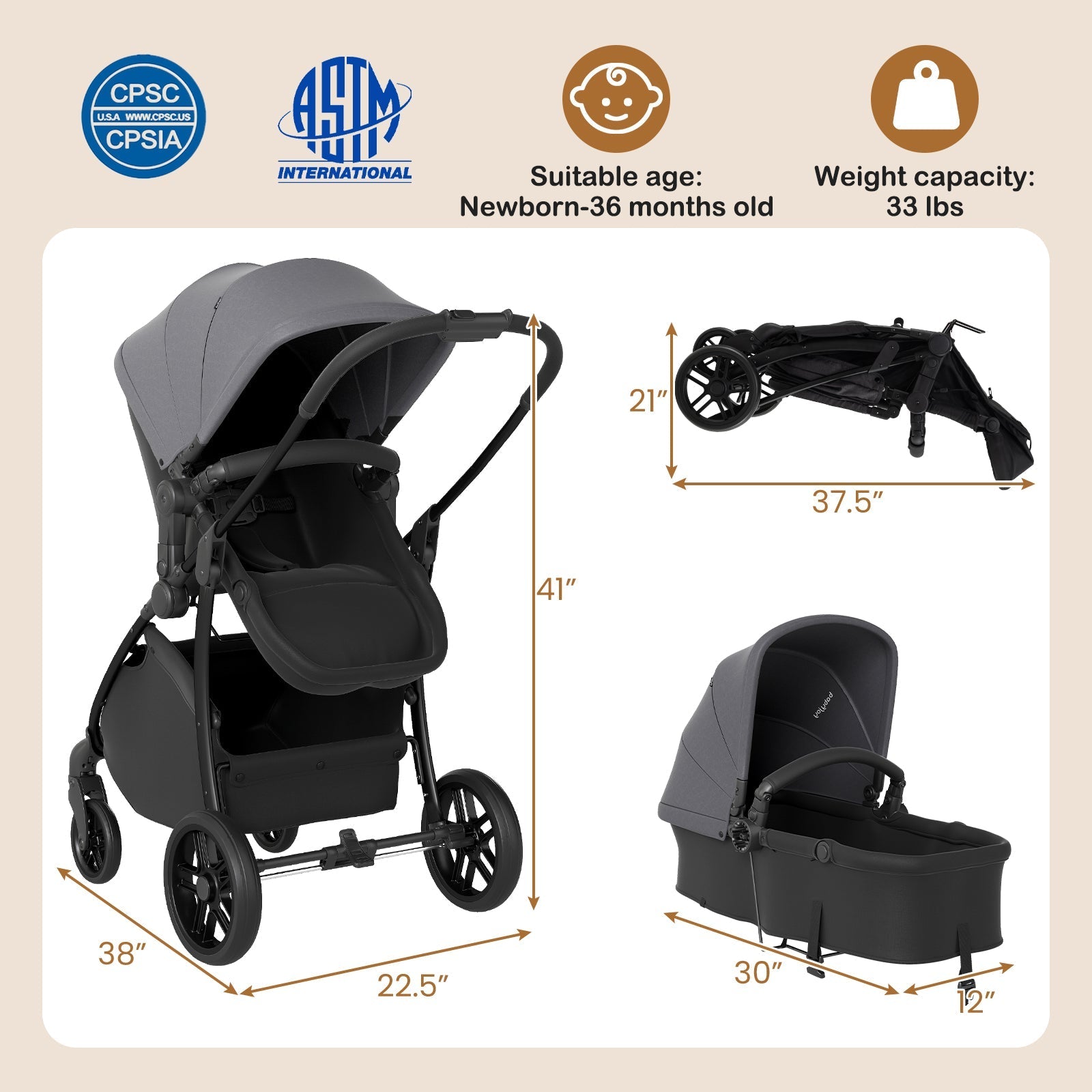 2-in-1 Baby Stroller with Bassinet Mode and Reversible Seat