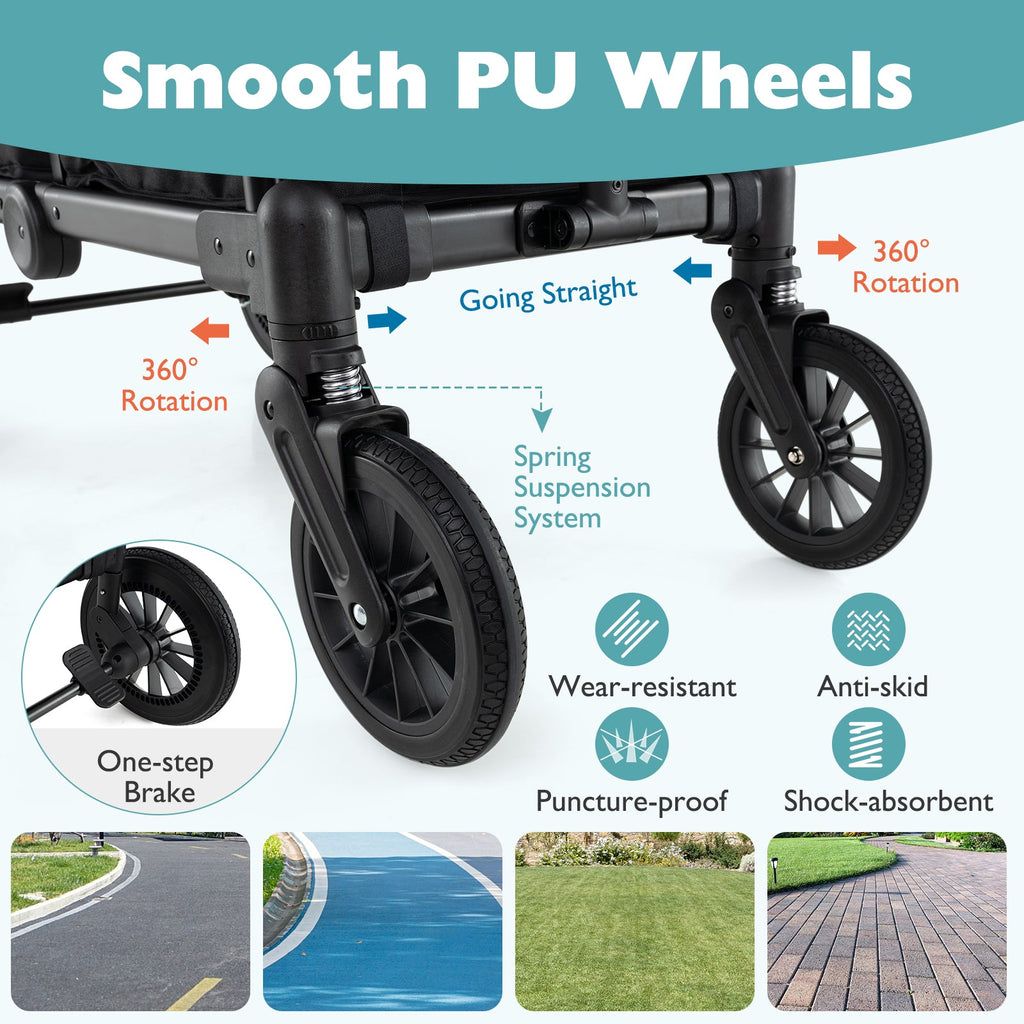 2 Seater Push Pull Collapsible Kids Wagon Stroller with Adjustable Handlebars-Black