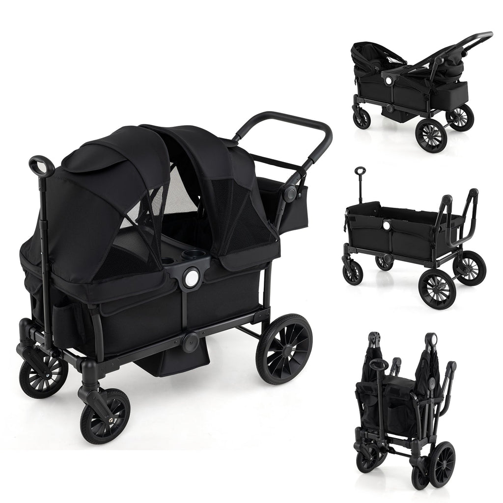 2 Seater Push Pull Collapsible Kids Wagon Stroller with Adjustable Handlebars-Black