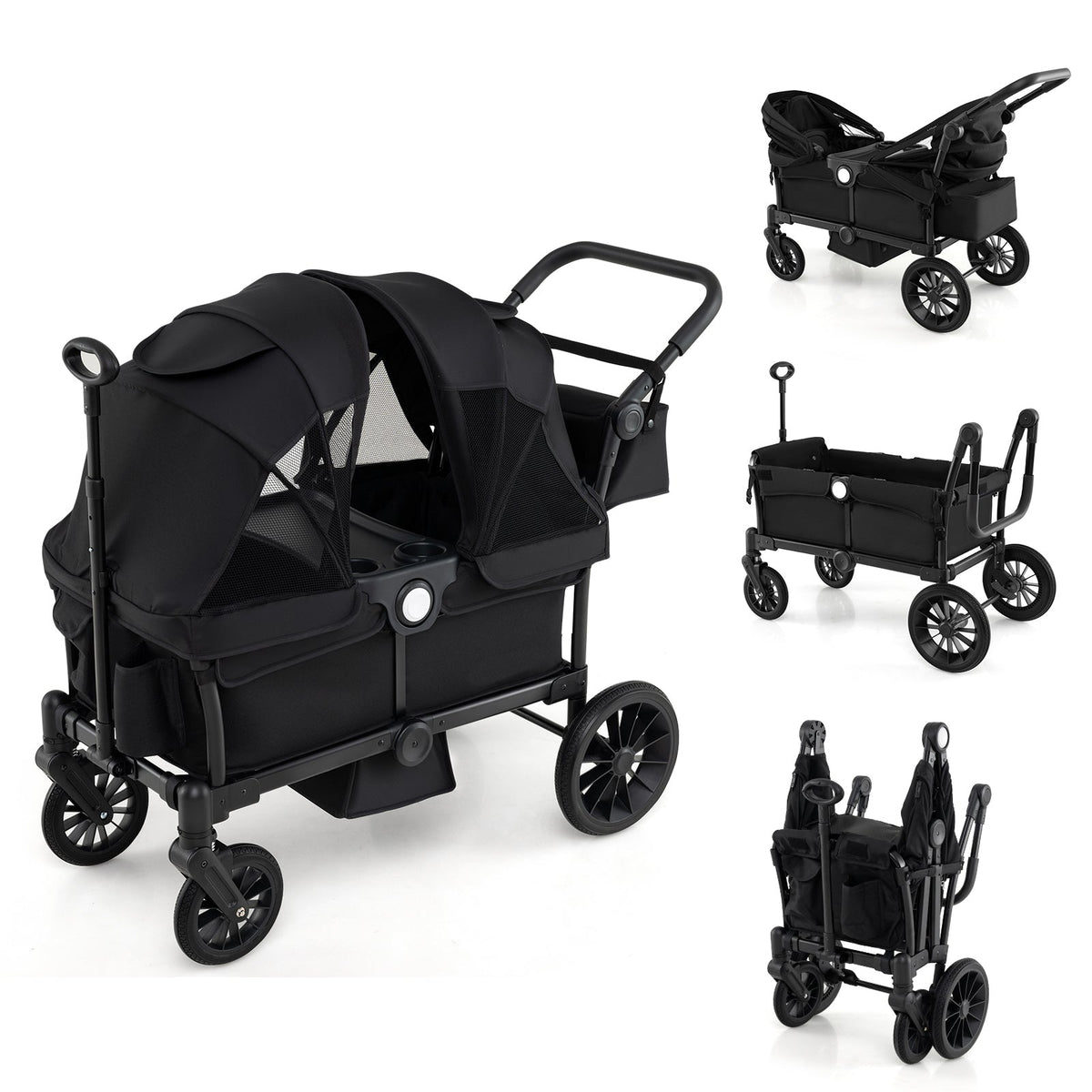 2 Seater Push Pull Collapsible Kids Wagon Stroller with Adjustable Handlebars-Black
