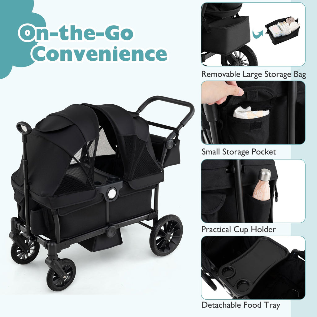 2 Seater Push Pull Collapsible Kids Wagon Stroller with Adjustable Handlebars-Black