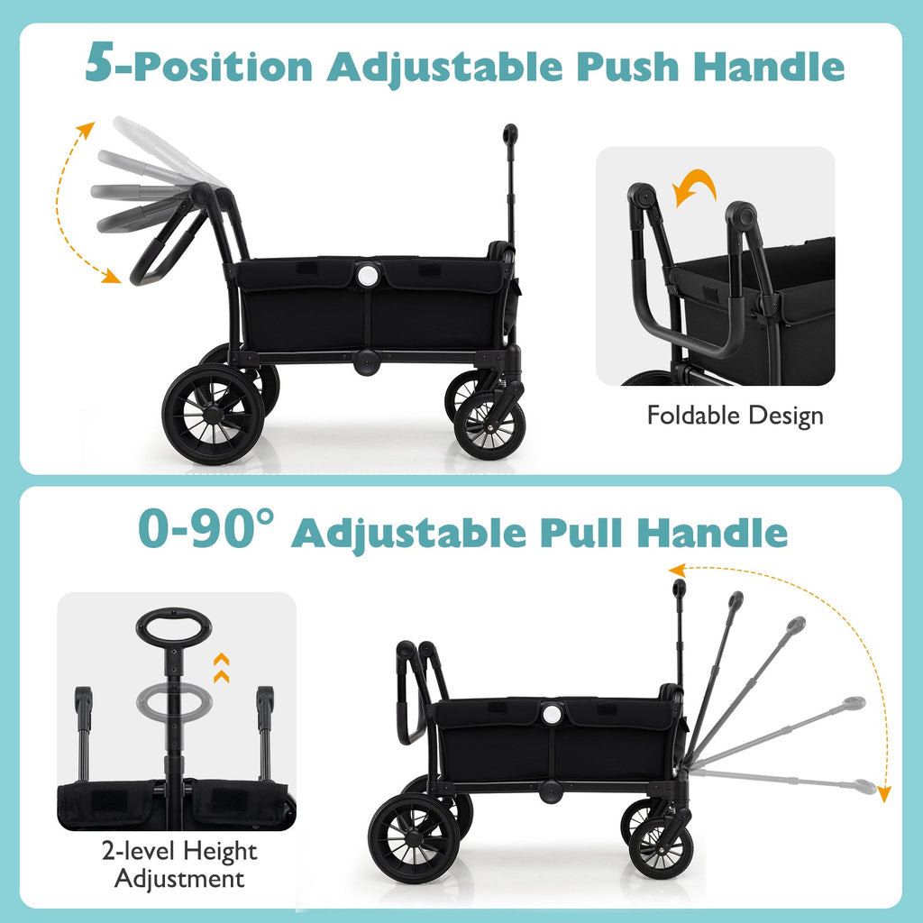2 Seater Push Pull Collapsible Kids Wagon Stroller with Adjustable Handlebars-Black