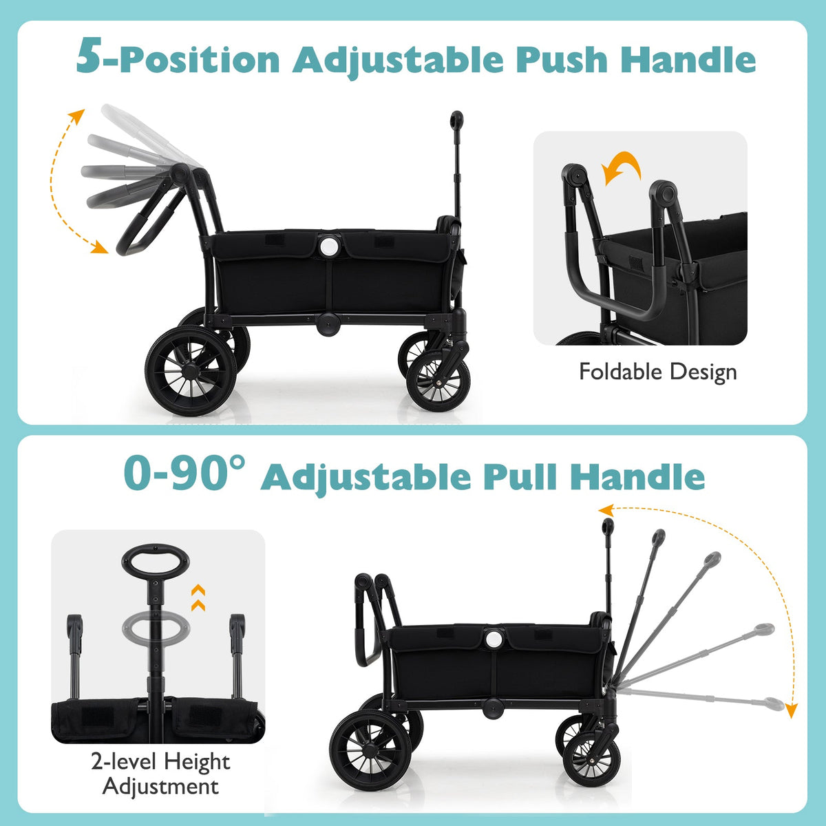 2 Seater Push Pull Collapsible Kids Wagon Stroller with Adjustable Handlebars-Black
