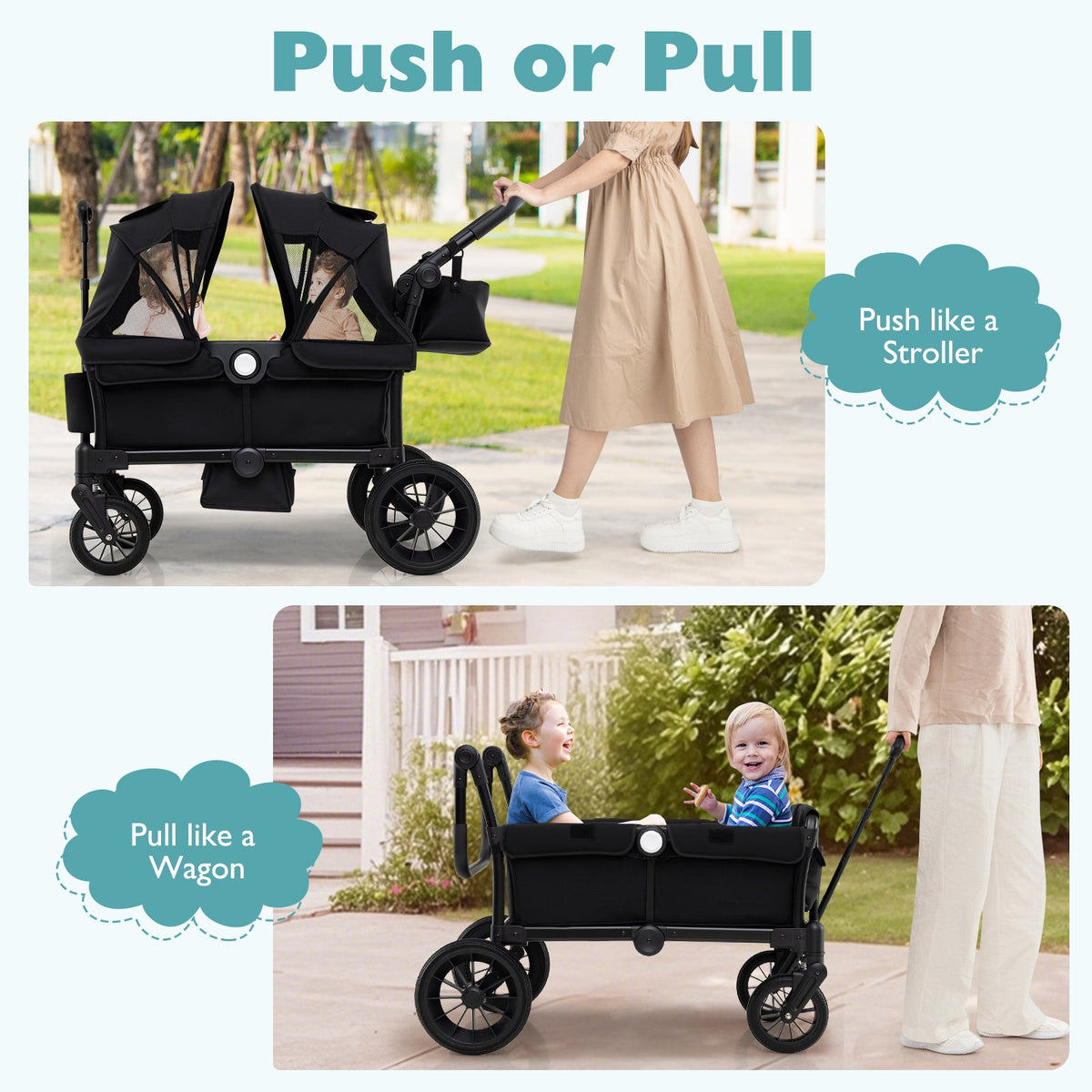 2 Seater Push Pull Collapsible Kids Wagon Stroller with Adjustable Handlebars-Black