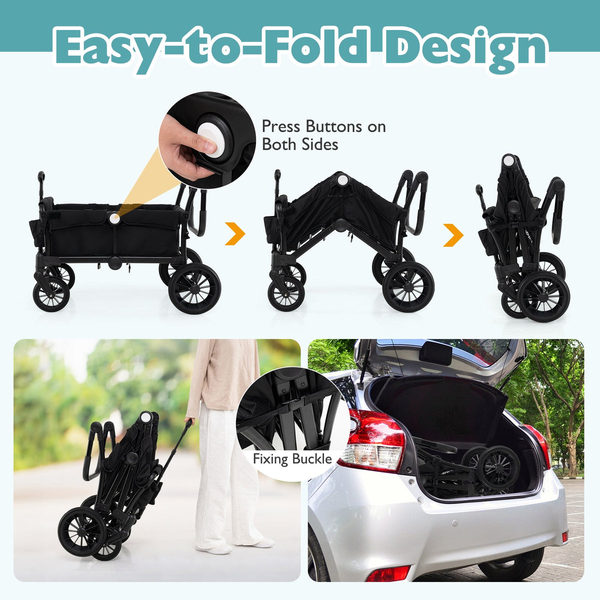 2 Seater Push Pull Collapsible Kids Wagon Stroller with Adjustable Handlebars-Black