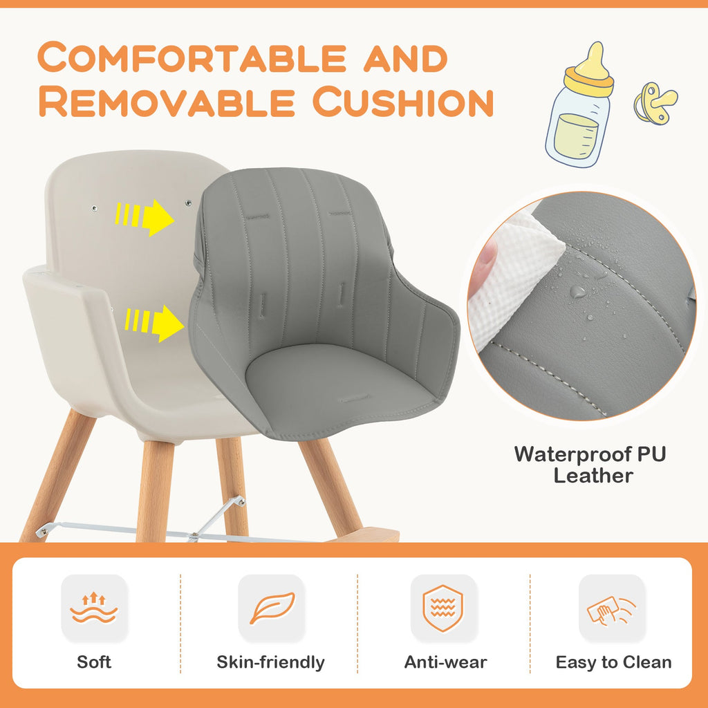 3-in-1 Convertible Wooden High Chair with Cushion-Gray