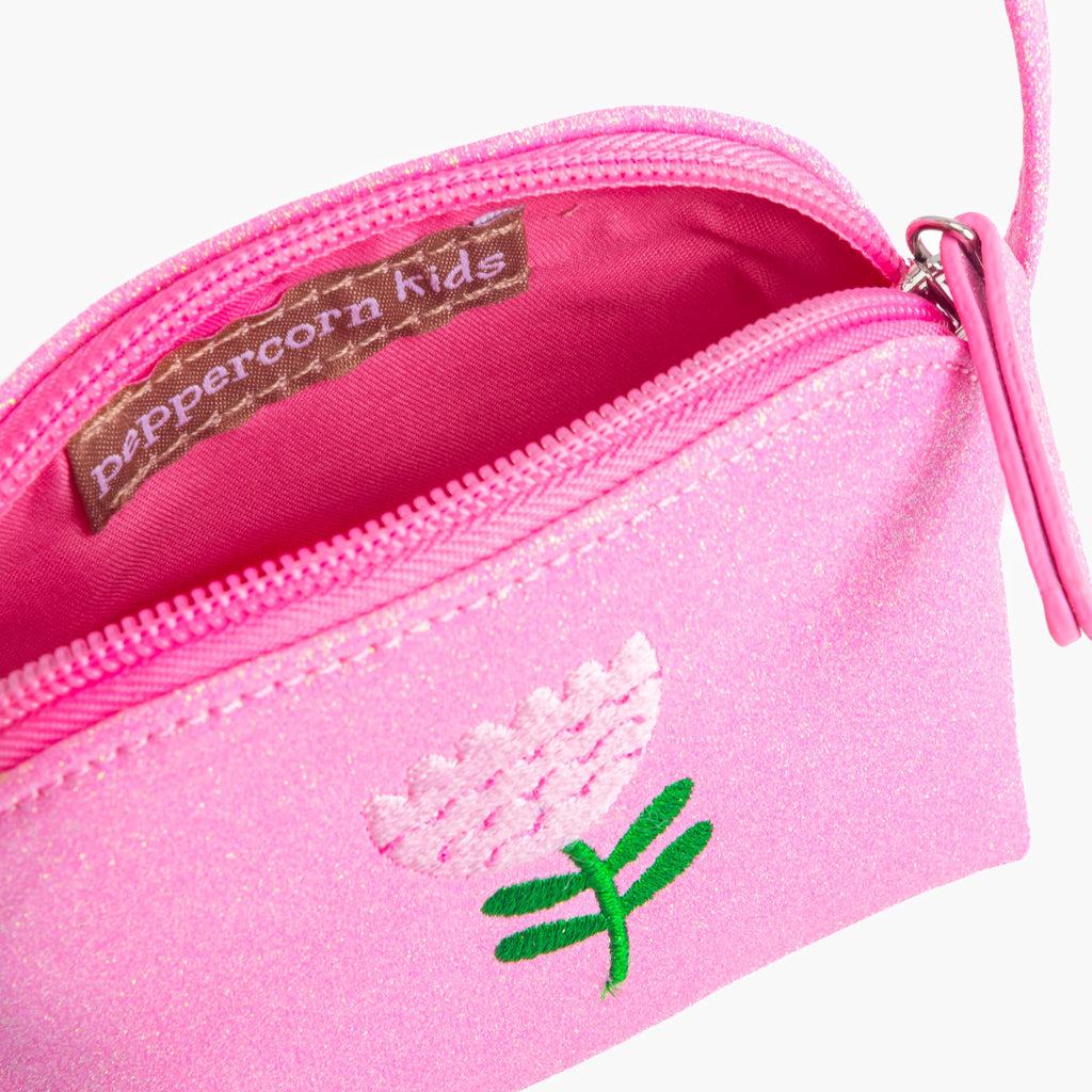 Sparkly Glitter Leather Purse with Flower Embroidery for Little Girls, Toddler (Ages 2-8)