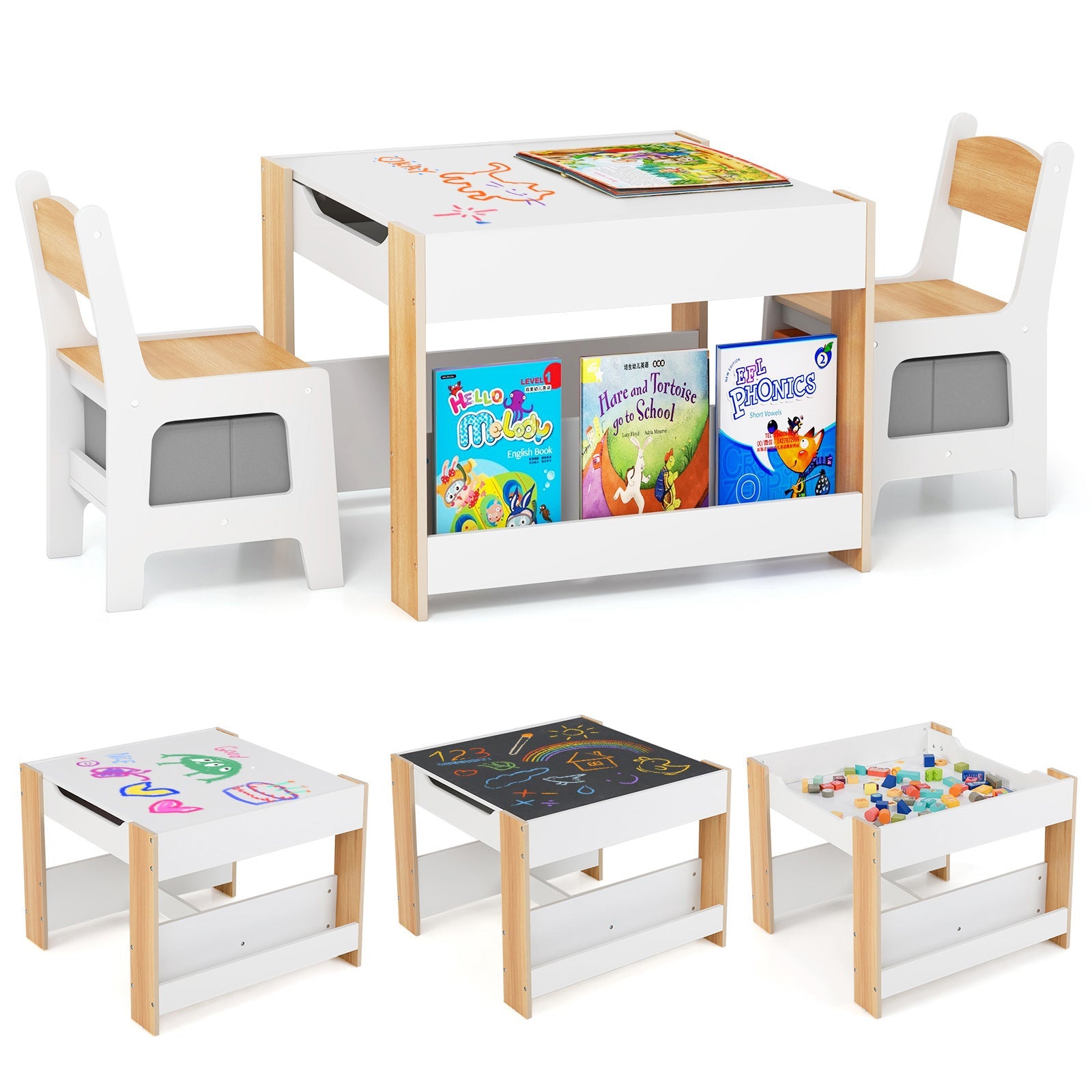 4 in 1 Kids Toddler Activity Table and Chairs Set with Reversible Tabletop-Natural