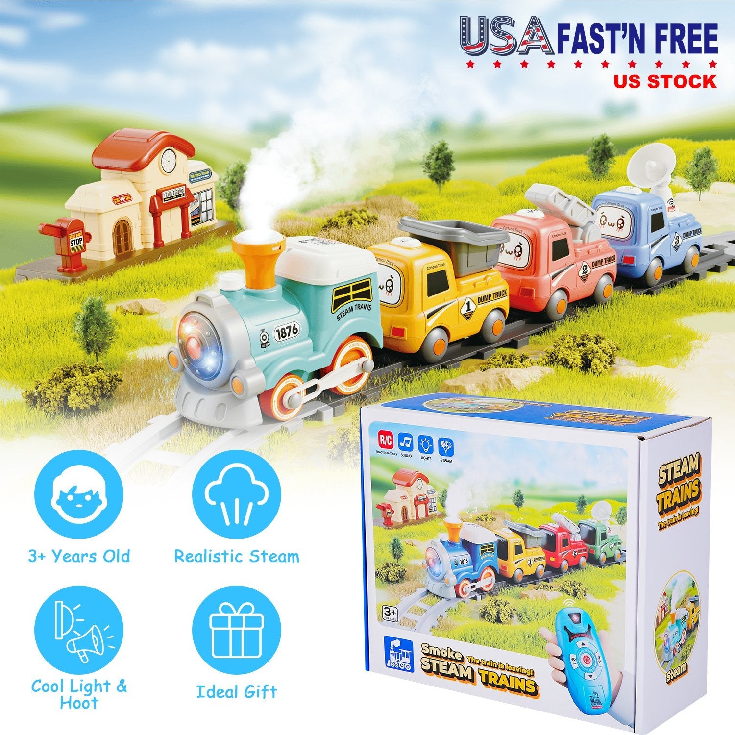 Electric Train Set with Smokes Light Sound Remote Magnetic Train Toys with Locomotive 3 Trucks Gifts for Kids Aged 3 4 5 6 Year Old