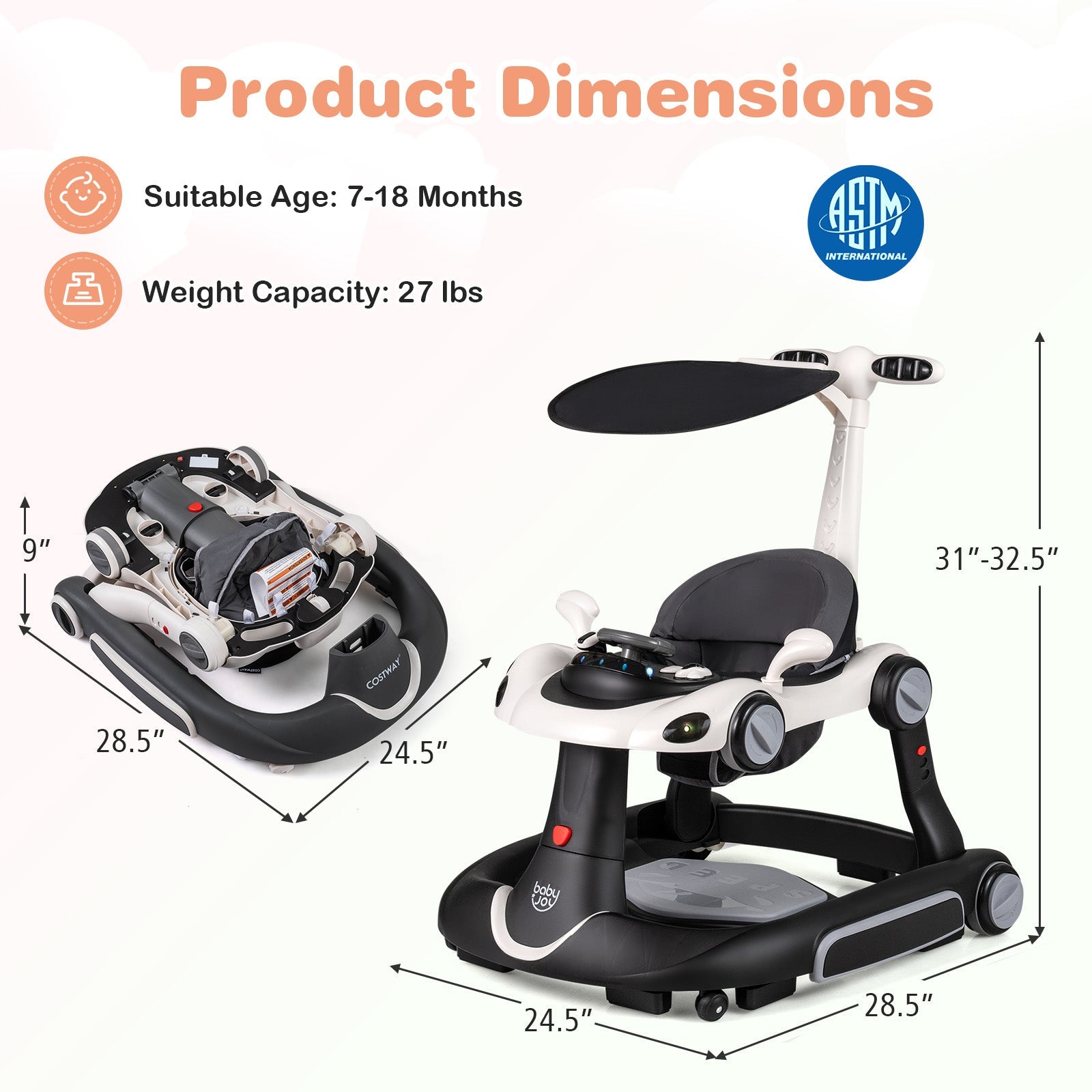 6-in-1 Baby Walker with Canopy Portable Activity Center Bouncer Rocker Combo with Music