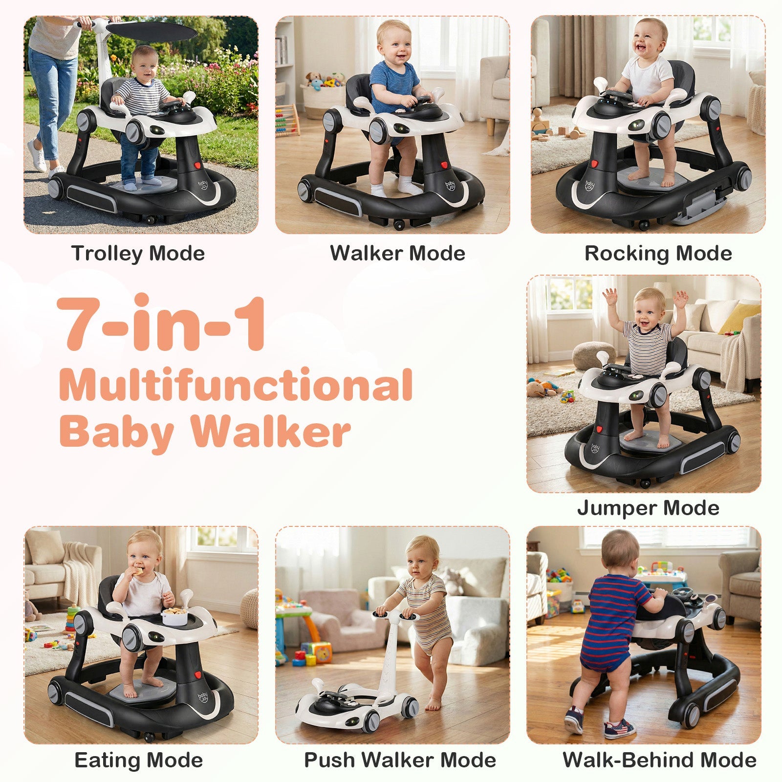6-in-1 Baby Walker with Canopy Portable Activity Center Bouncer Rocker Combo with Music