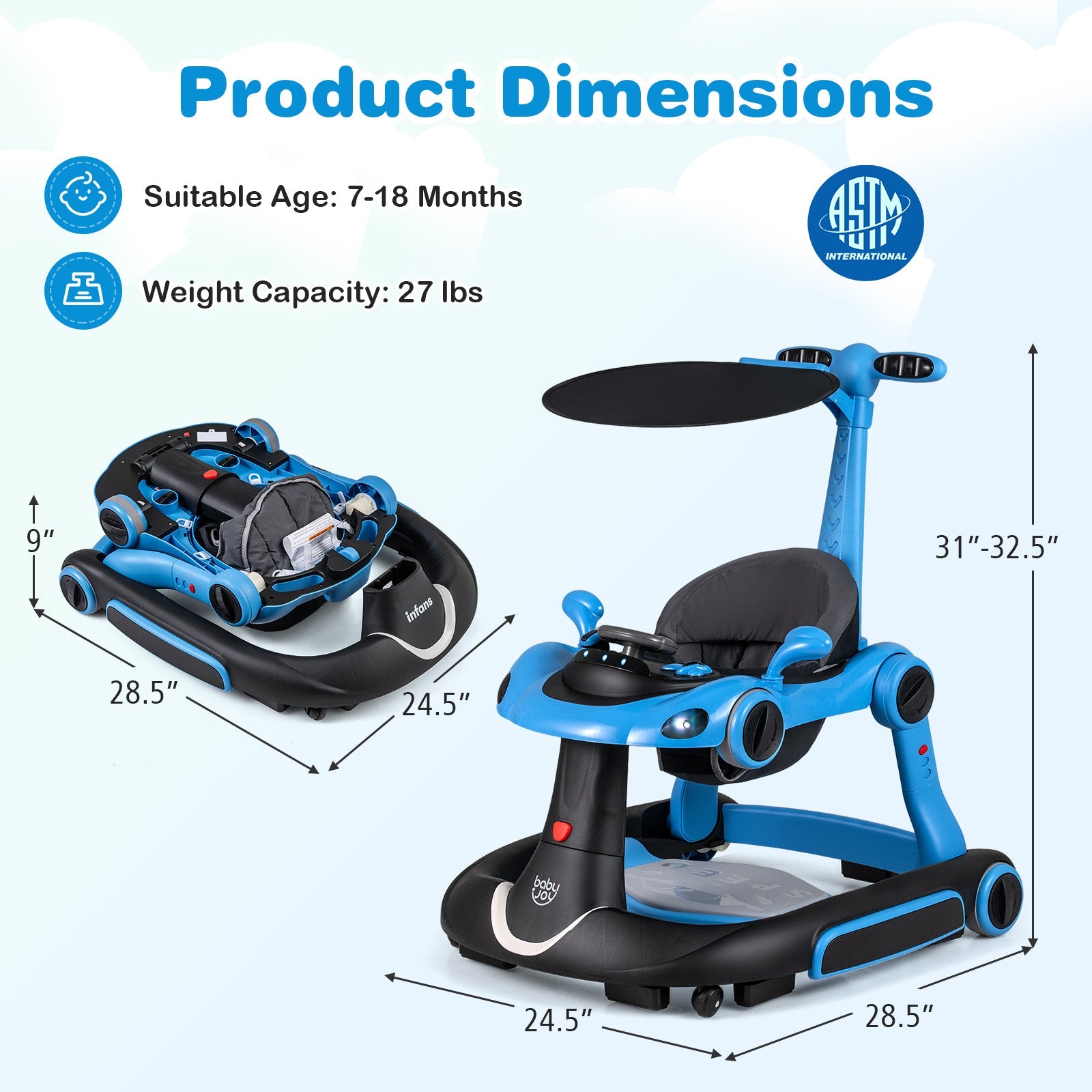 6-in-1 Baby Walker with Canopy Portable Activity Center Bouncer Rocker Combo with Music