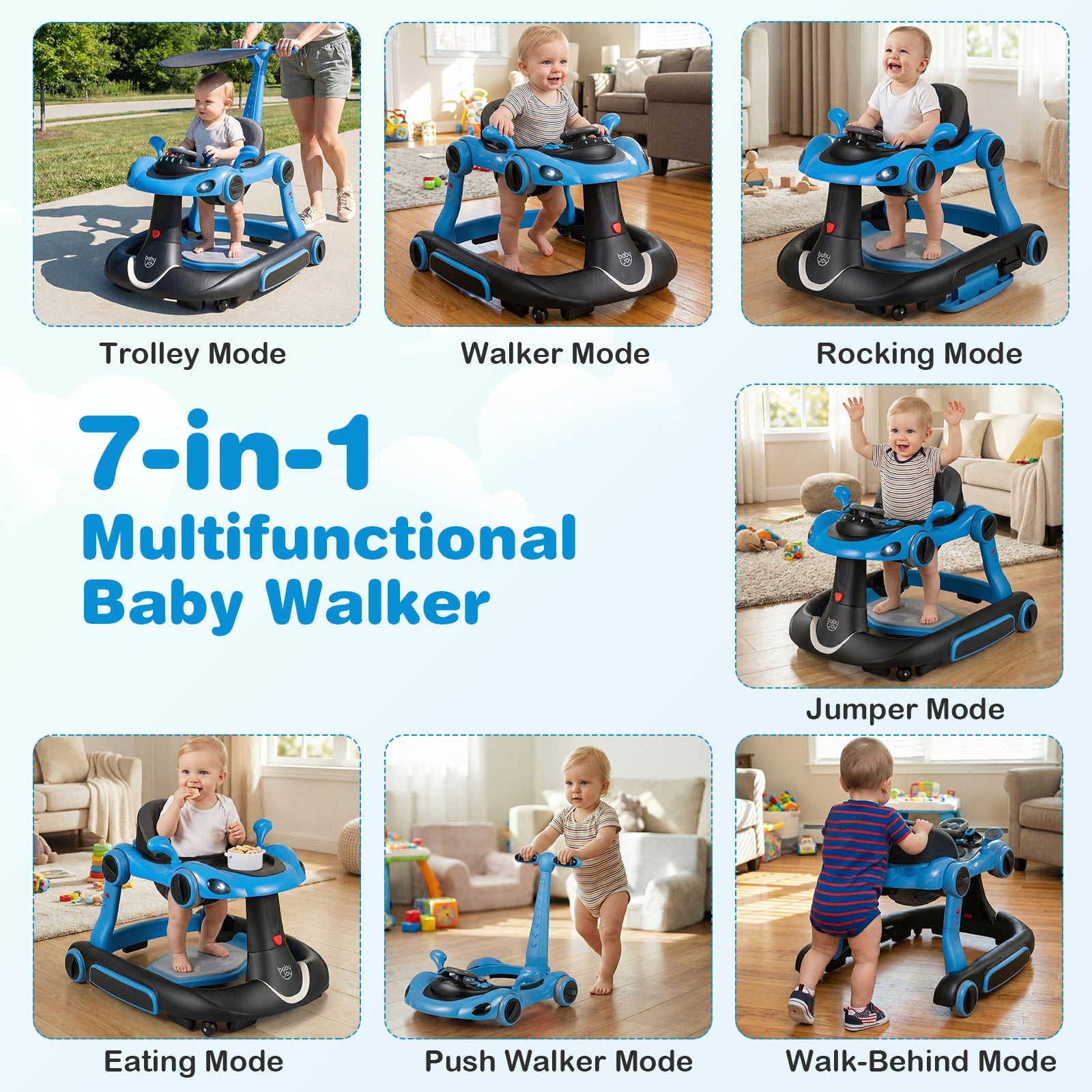 6-in-1 Baby Walker with Canopy Portable Activity Center Bouncer Rocker Combo with Music
