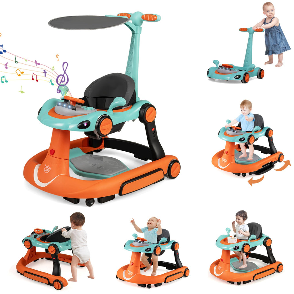 6-in-1 Baby Walker with Canopy Portable Activity Center Bouncer Rocker Combo with Music