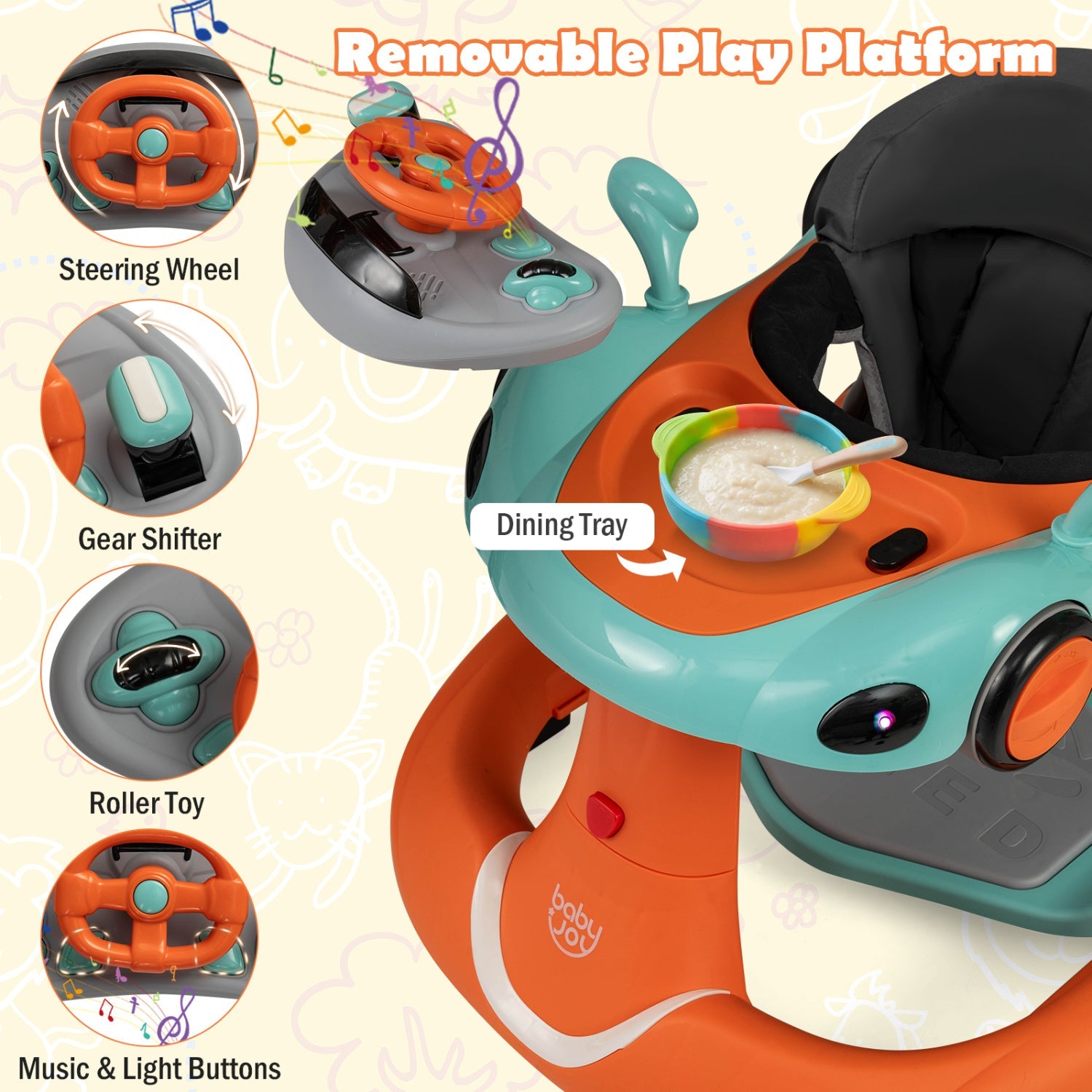 6-in-1 Baby Walker with Canopy Portable Activity Center Bouncer Rocker Combo with Music