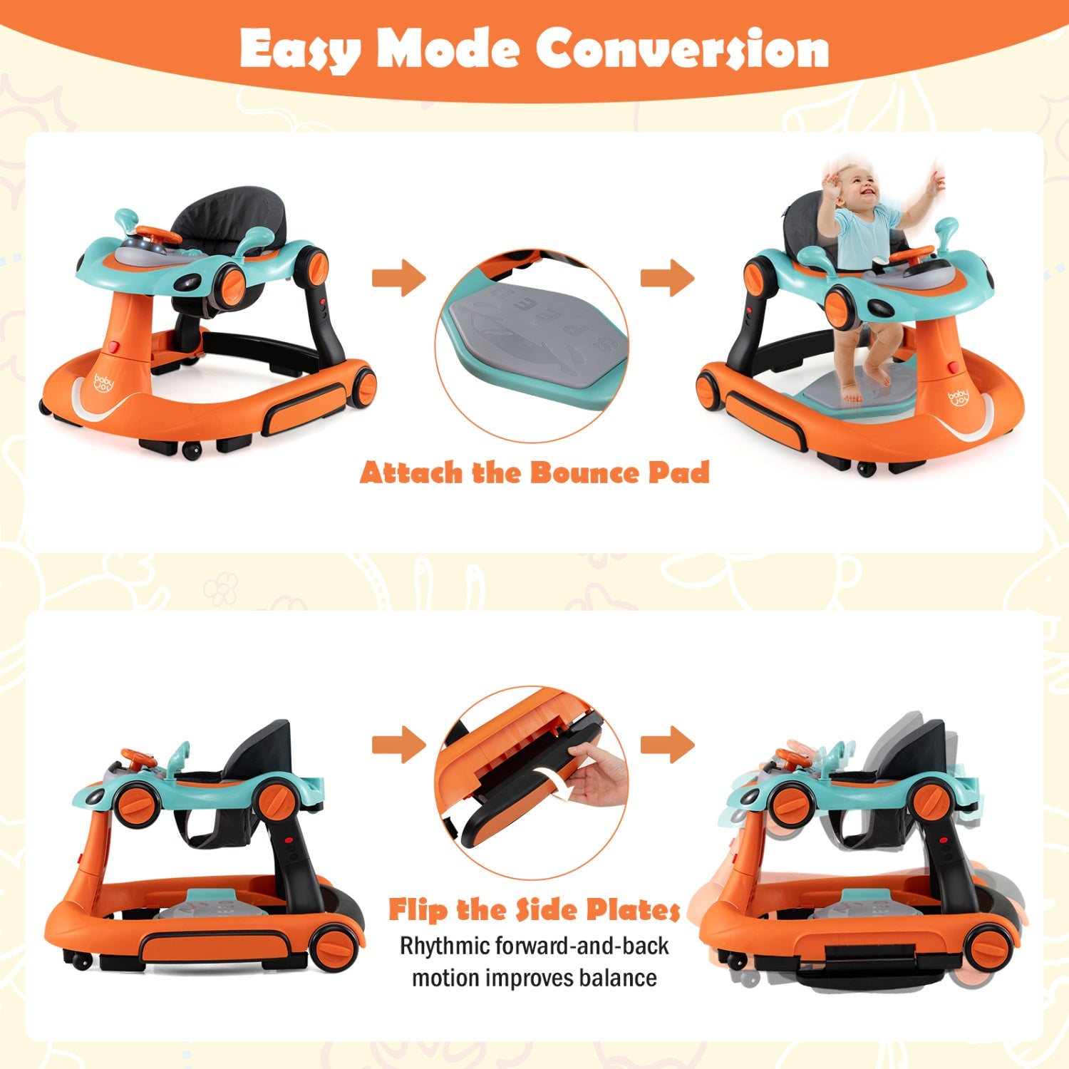 6-in-1 Baby Walker with Canopy Portable Activity Center Bouncer Rocker Combo with Music