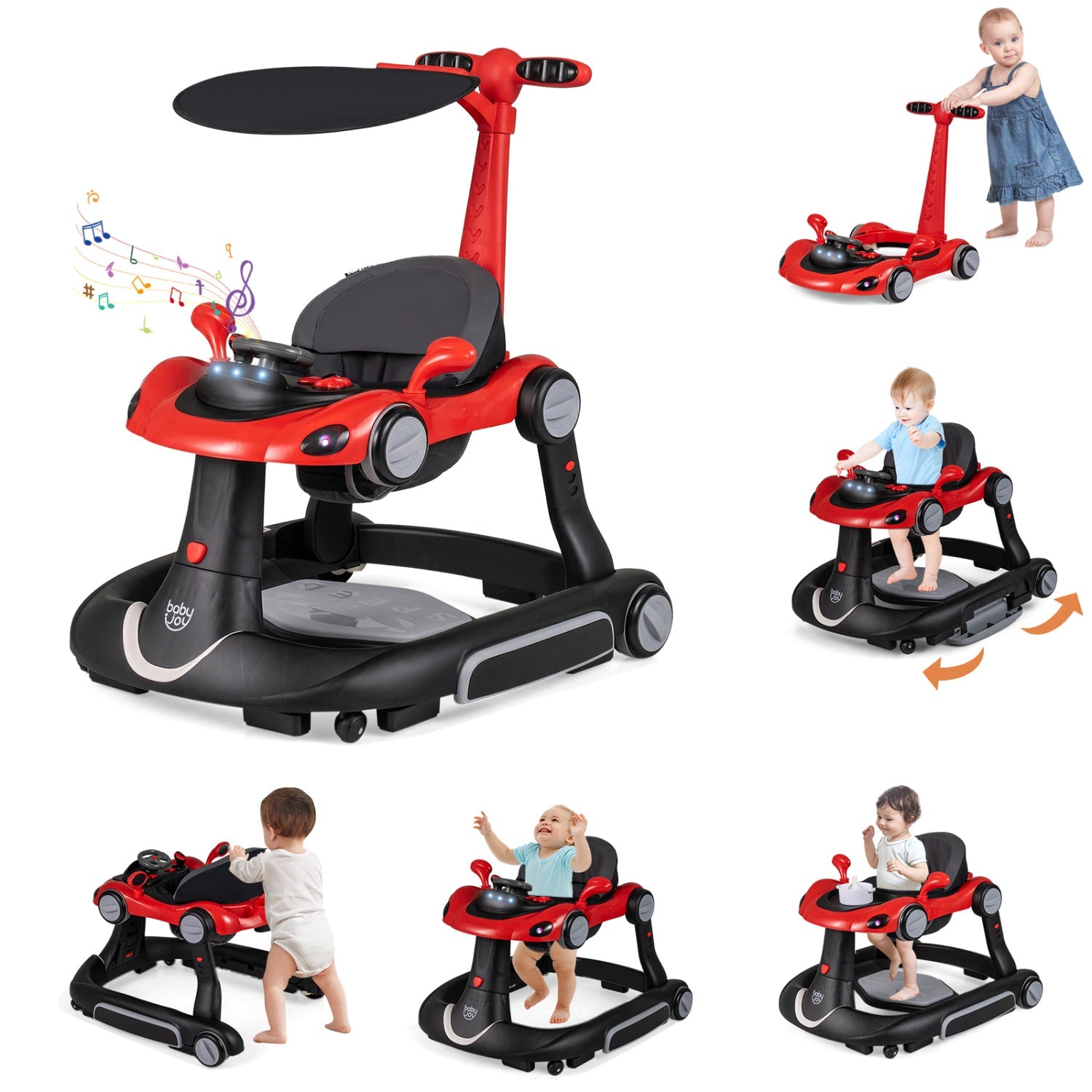 6-in-1 Baby Walker with Canopy Portable Activity Center Bouncer Rocker Combo with Music