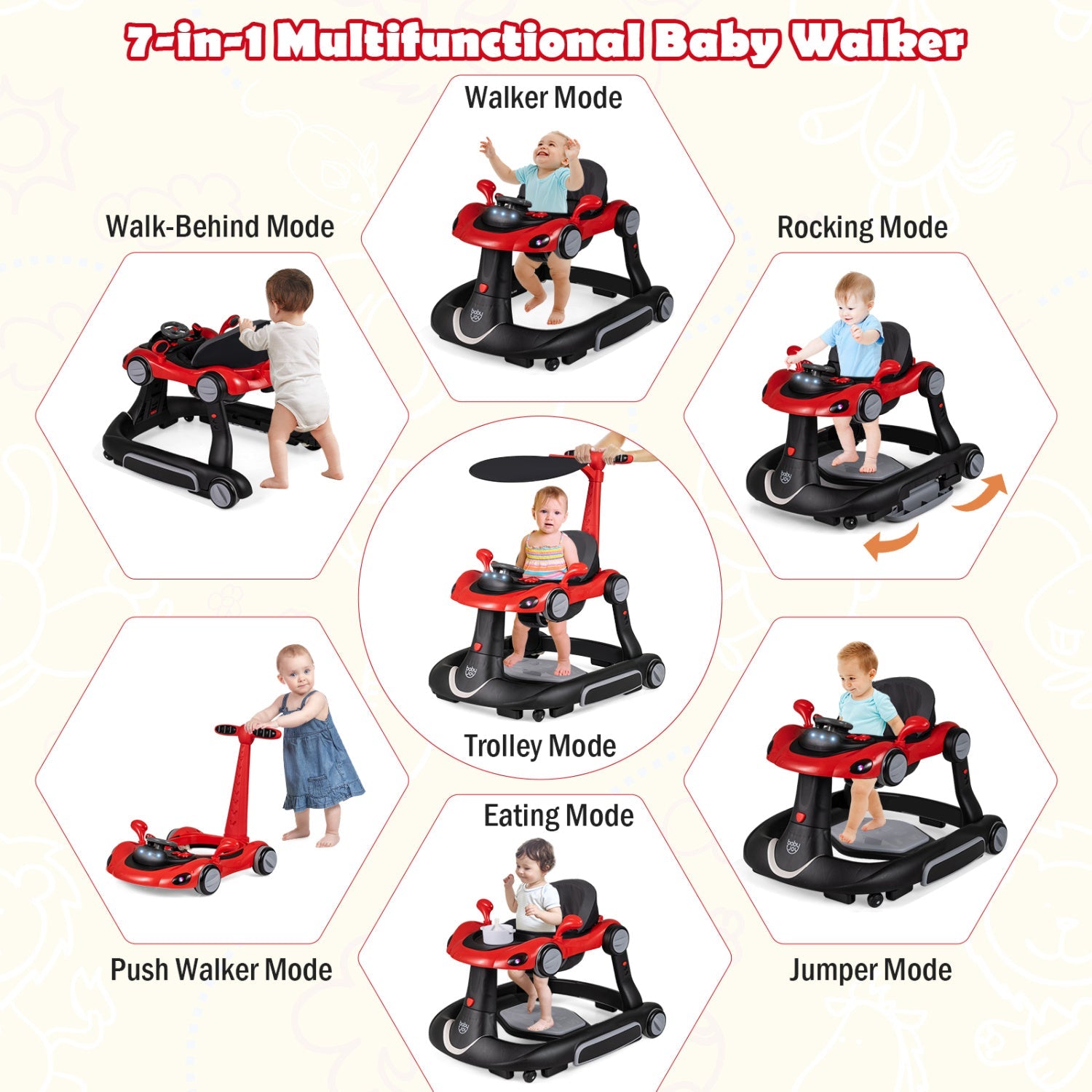 6-in-1 Baby Walker with Canopy Portable Activity Center Bouncer Rocker Combo with Music