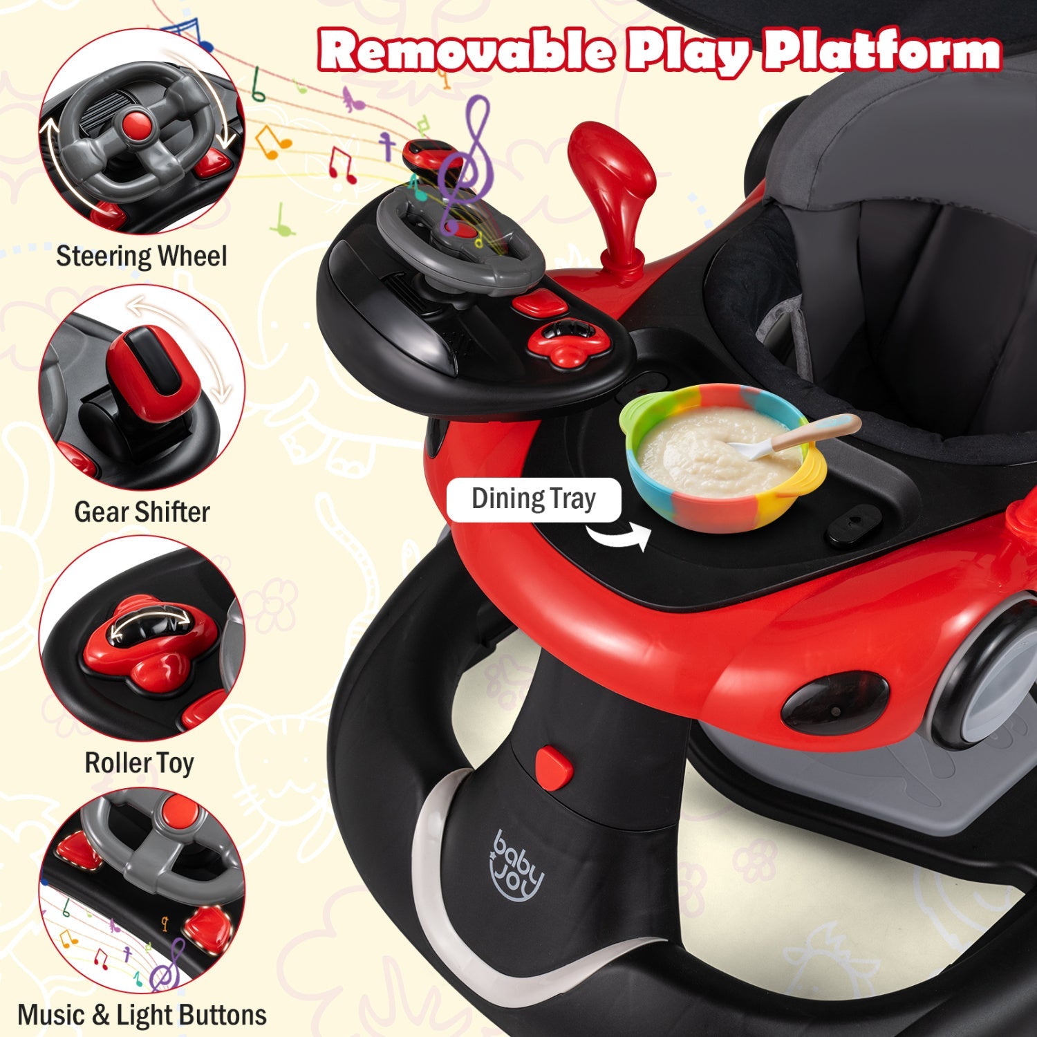 6-in-1 Baby Walker with Canopy Portable Activity Center Bouncer Rocker Combo with Music