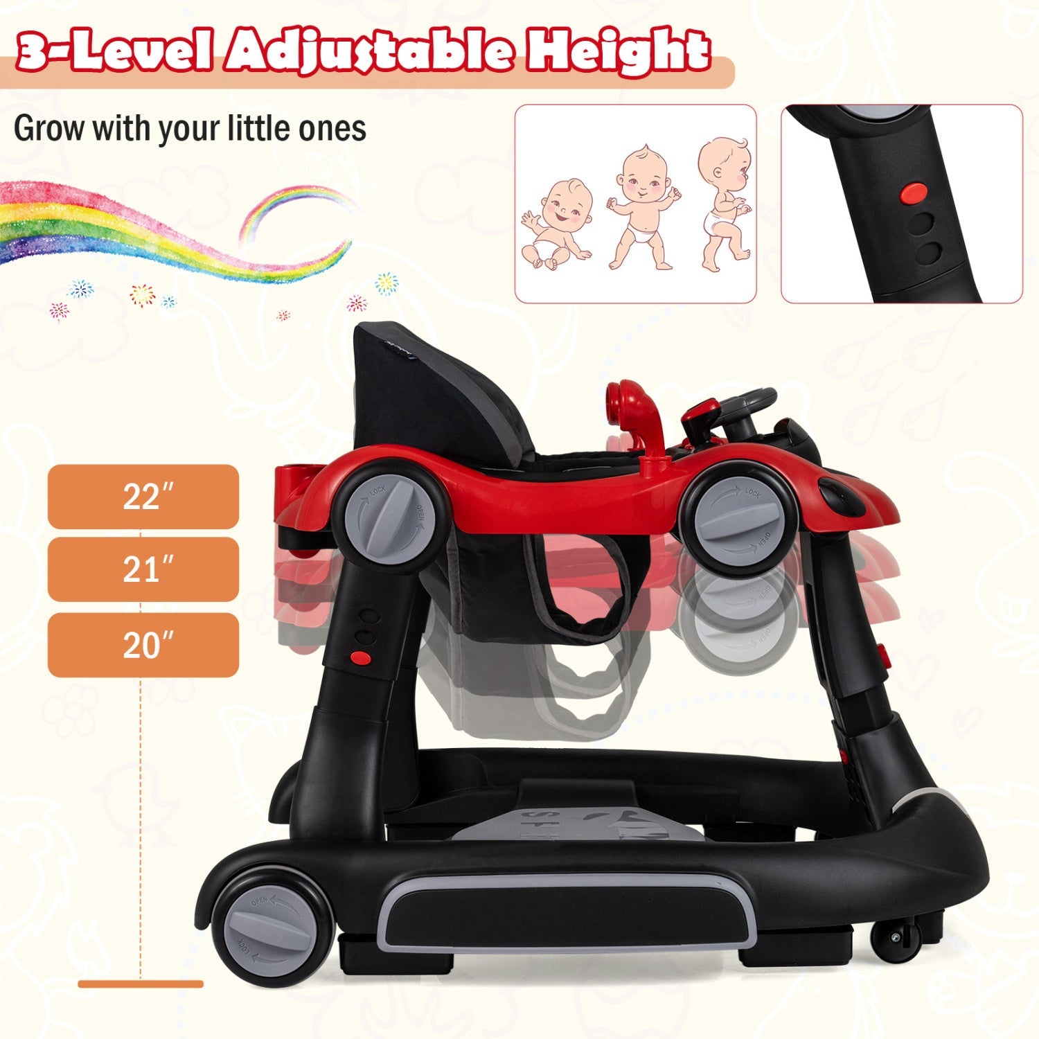6-in-1 Baby Walker with Canopy Portable Activity Center Bouncer Rocker Combo with Music