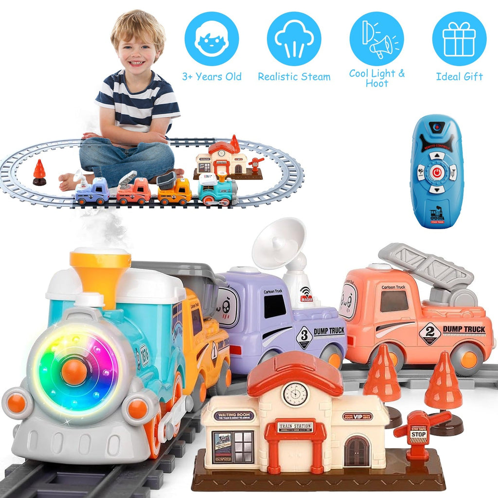 Electric Train Set with Smokes Light Sound Remote Magnetic Train Toys with Locomotive 3 Trucks Gifts for Kids Aged 3 4 5 6 Year Old