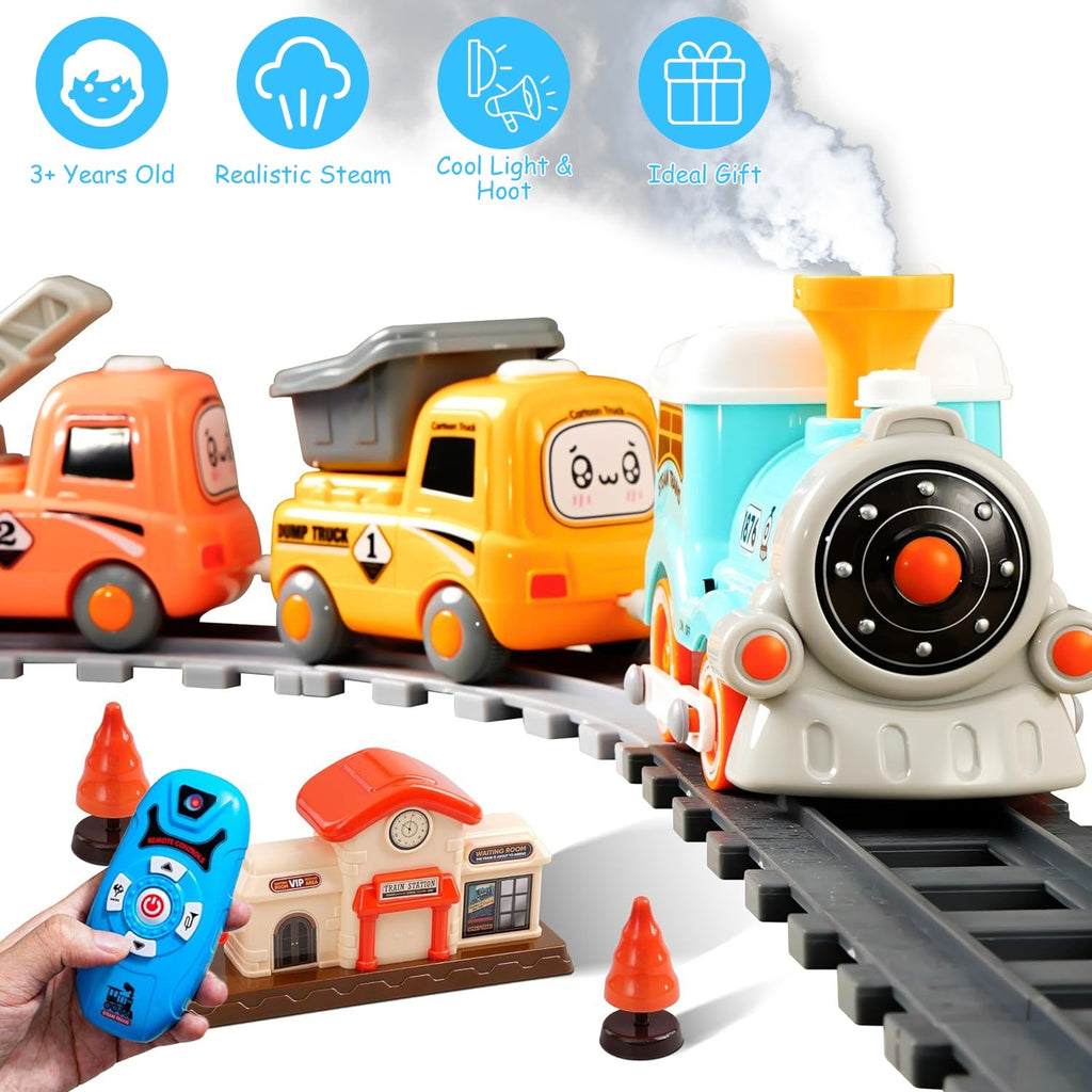 Electric Train Set with Smokes Light Sound Remote Magnetic Train Toys with Locomotive 3 Trucks Gifts for Kids Aged 3 4 5 6 Year Old