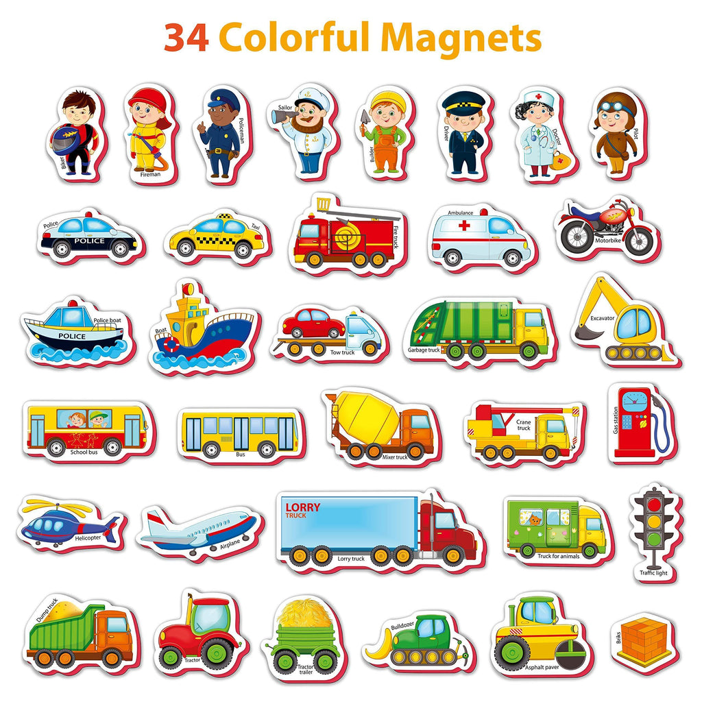 34 Foam Fridge Magnets for Toddlers 3 years Vehicles and Professions Magnets