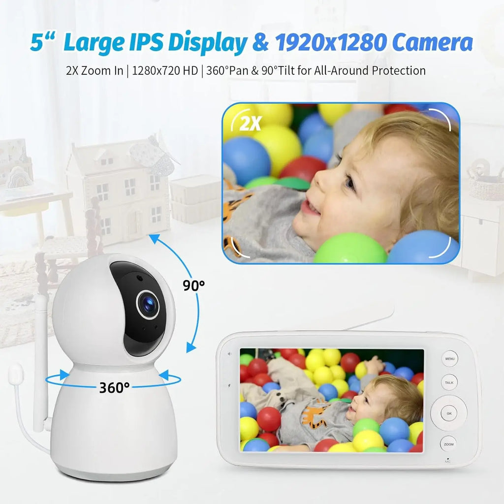 BM505 Baby Monitor Camera with Audio 5-Inch Screen 28 Hours Battery Life Night Vision 2-Way Talk Lullabies Nanny Security Cam