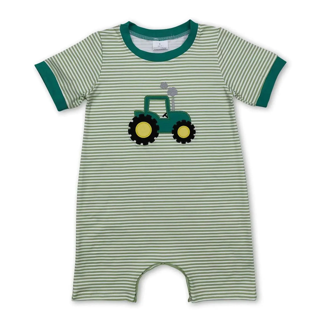 Short sleeves green stripe tractor baby boy romper