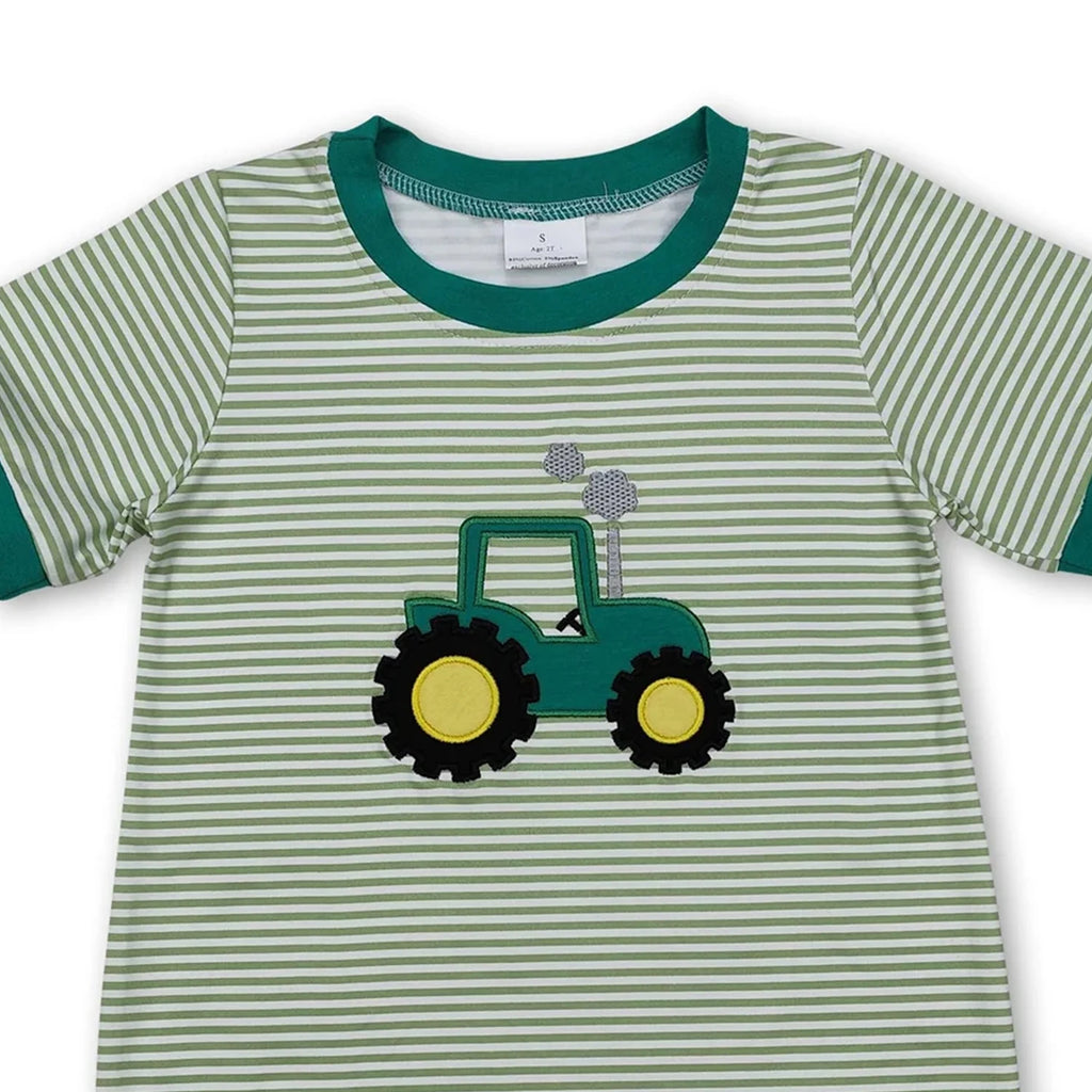 Short sleeves green stripe tractor baby boy romper