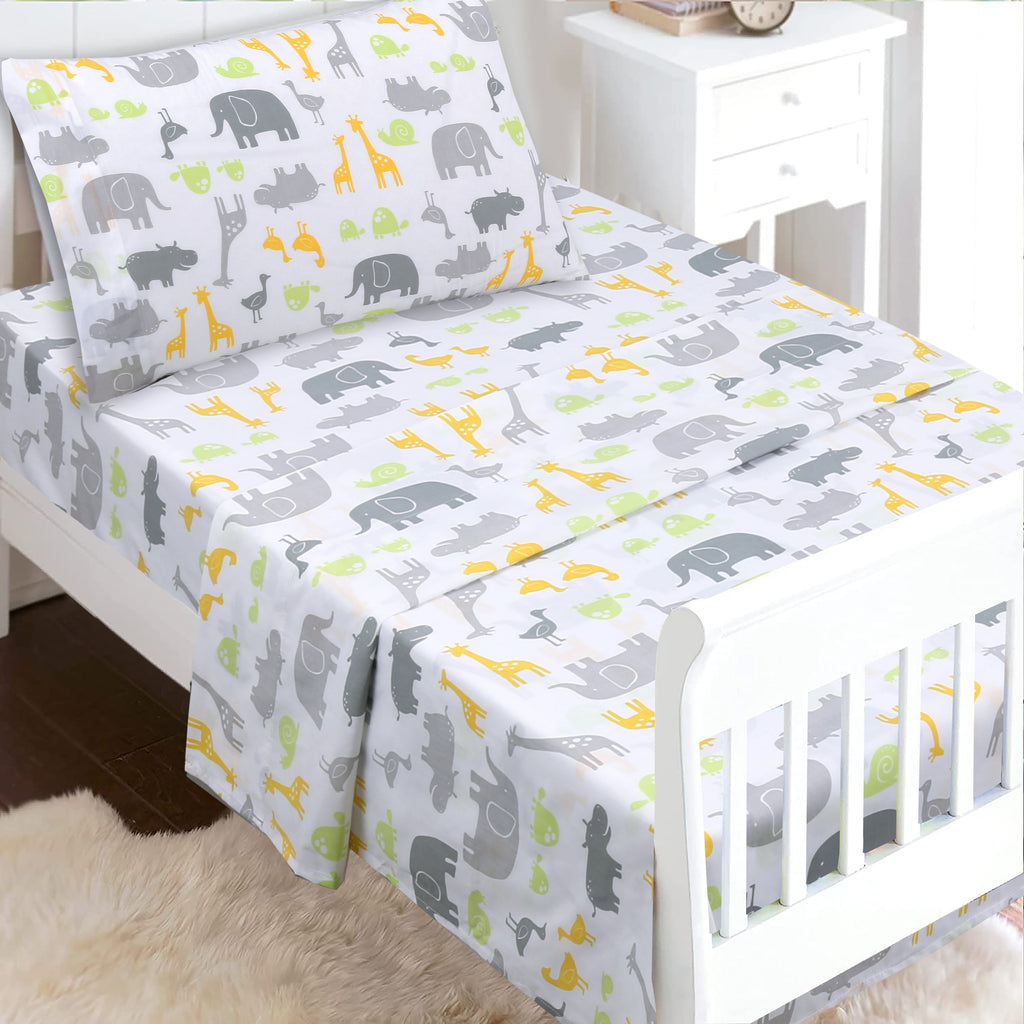 3-Piece Crib/Toddler Cotton Sheet Set Grey Yellow Safari Fun Animals Elephant Giraffe Hippo