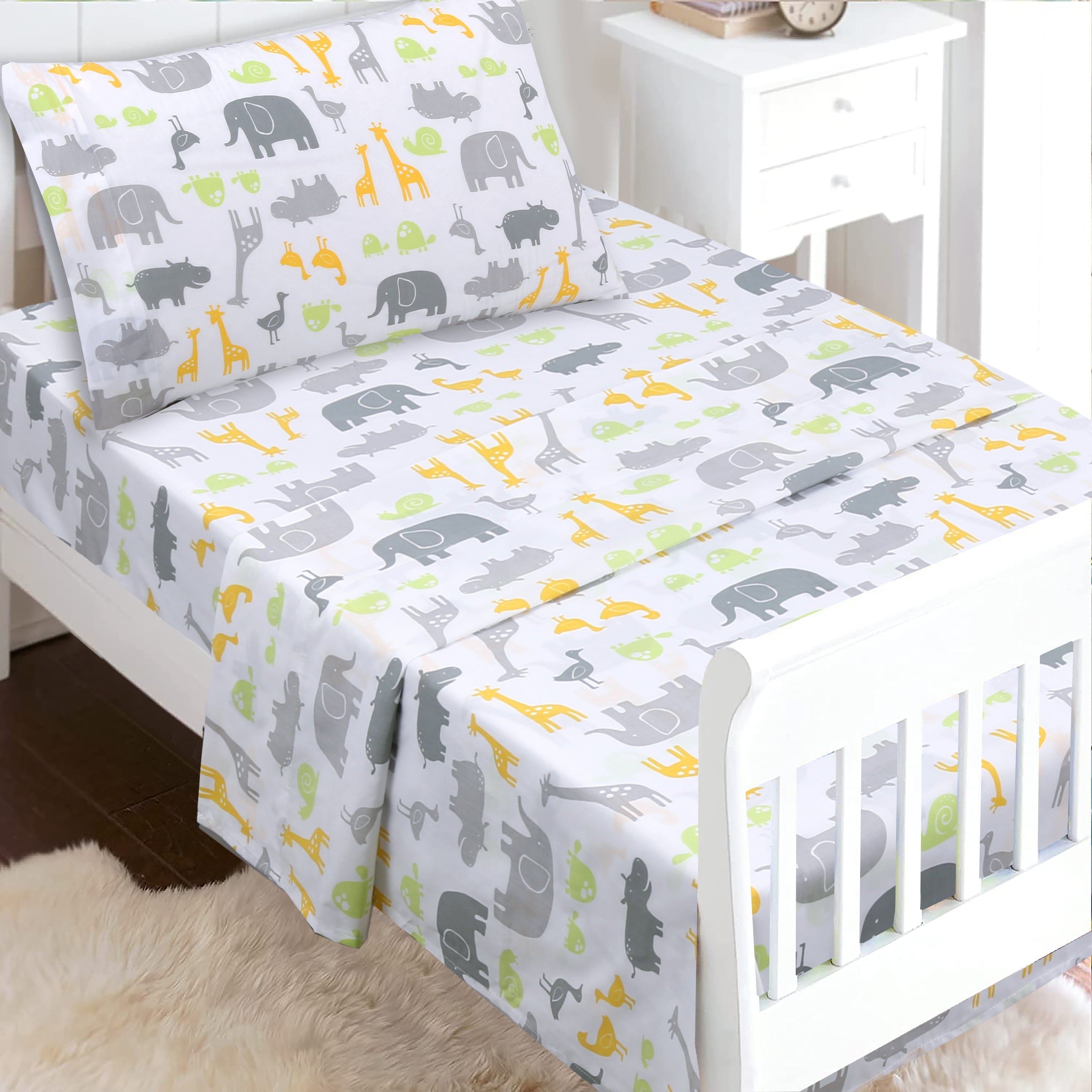3-Piece Crib/Toddler Cotton Sheet Set Grey Yellow Safari Fun Animals Elephant Giraffe Hippo