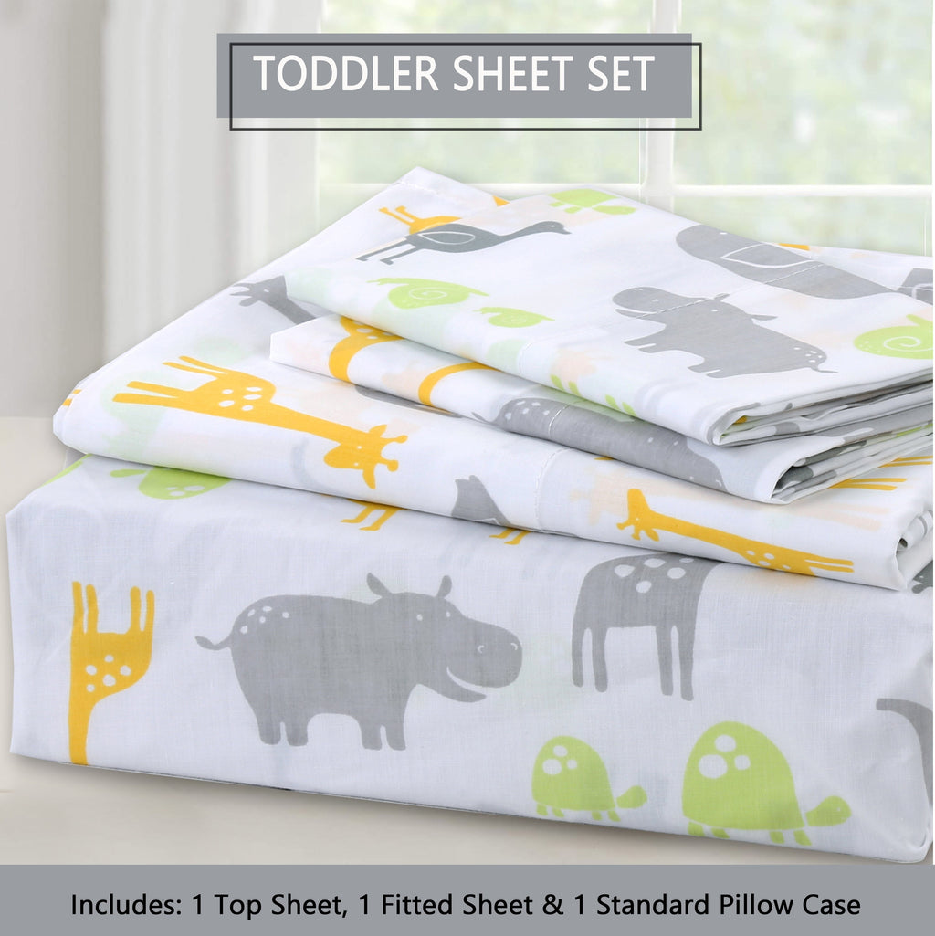 3-Piece Crib/Toddler Cotton Sheet Set Grey Yellow Safari Fun Animals Elephant Giraffe Hippo