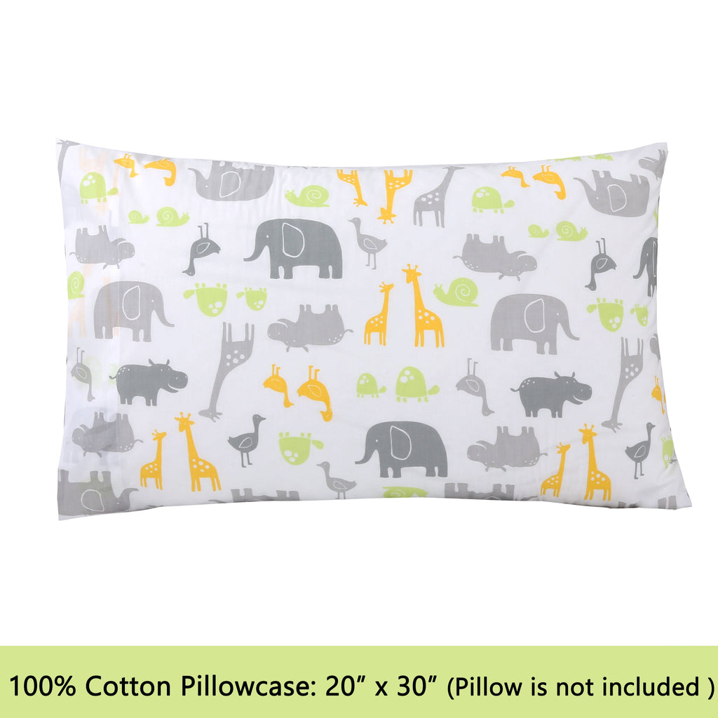 3-Piece Crib/Toddler Cotton Sheet Set Grey Yellow Safari Fun Animals Elephant Giraffe Hippo