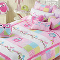 Pink Owl Print Patchwork Cotton Reversible Quilt Bedding Set