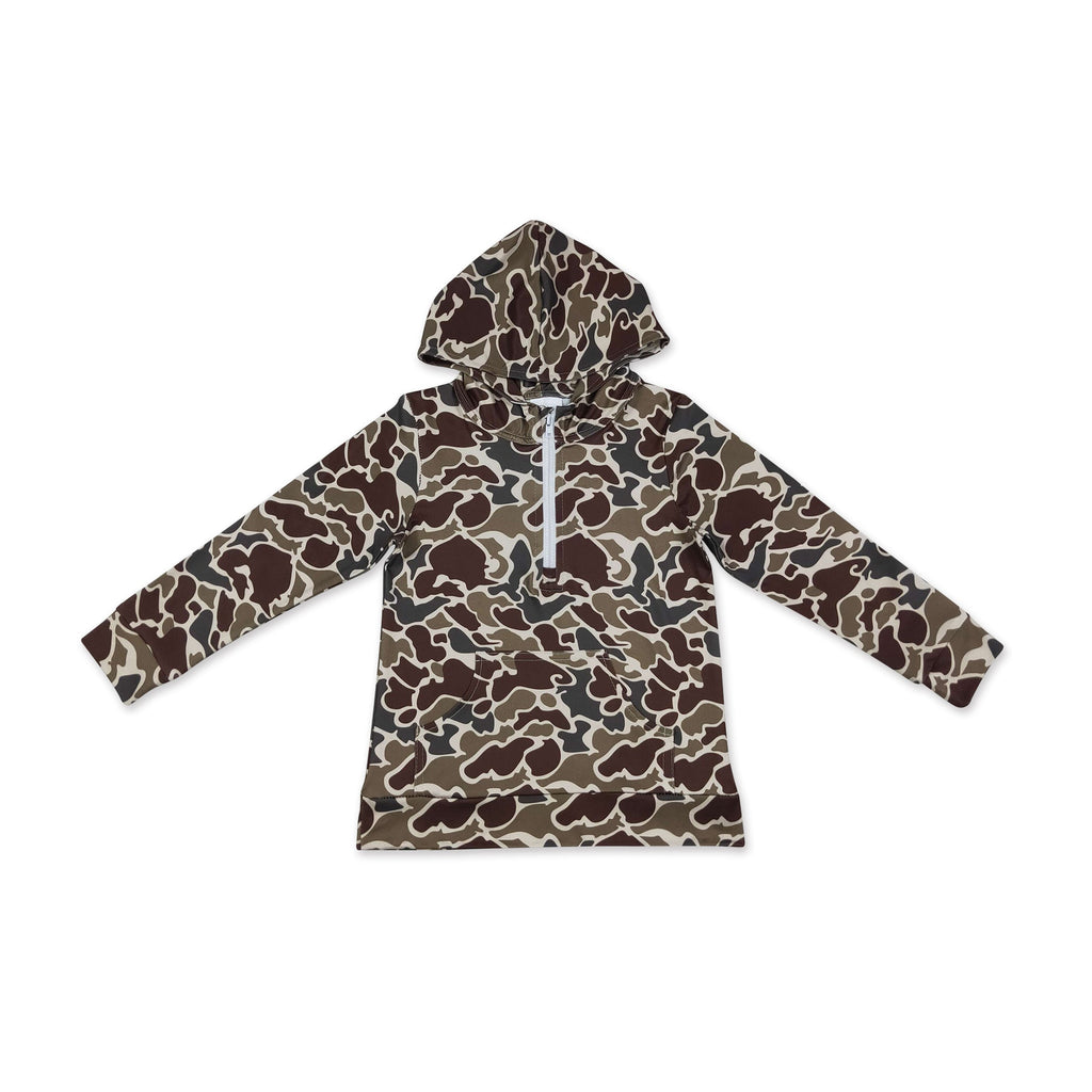Long sleeves dark brown camo pocket zipper kids boys fall hoodie
