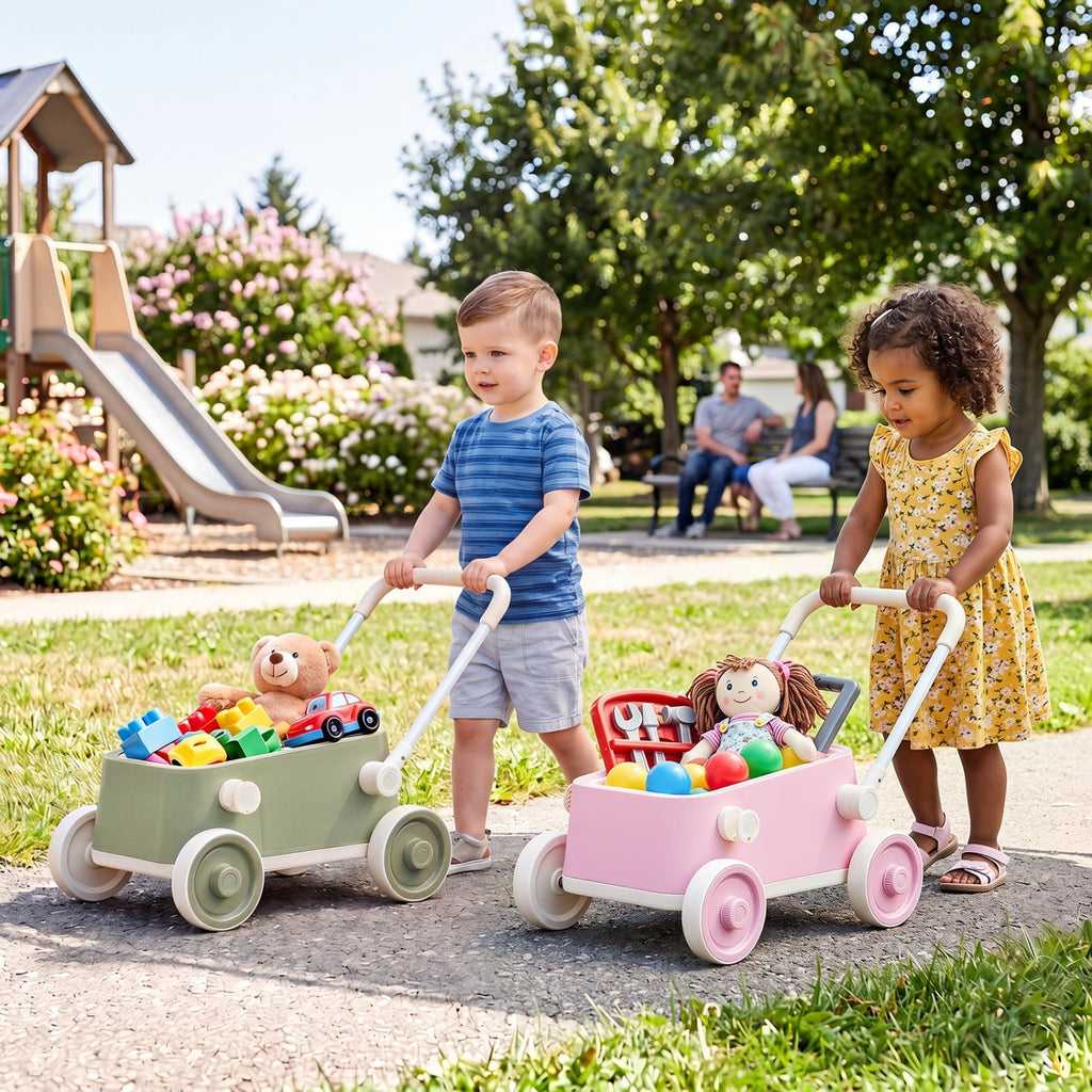 Push Walker with Storage Basket and Foldable Handle