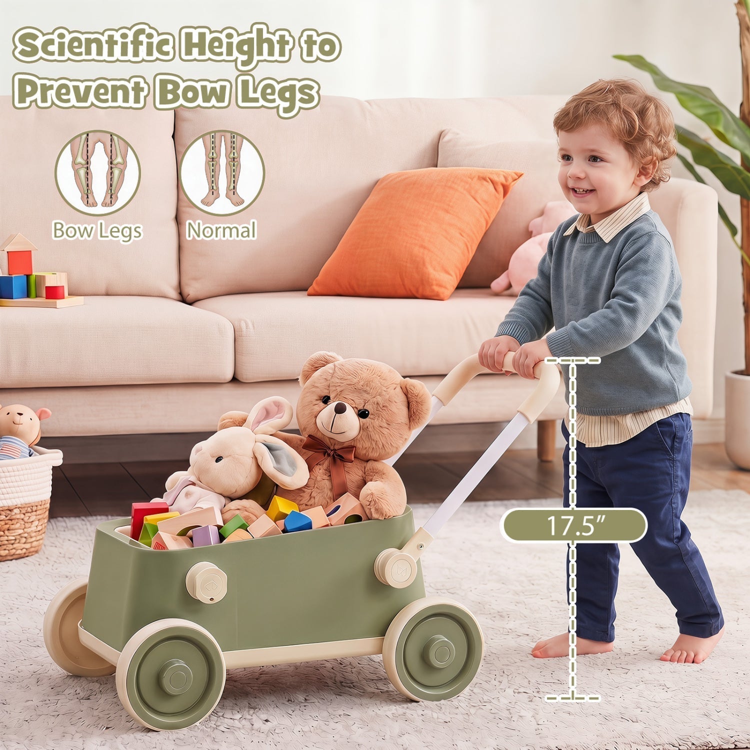 Push Walker with Storage Basket and Foldable Handle