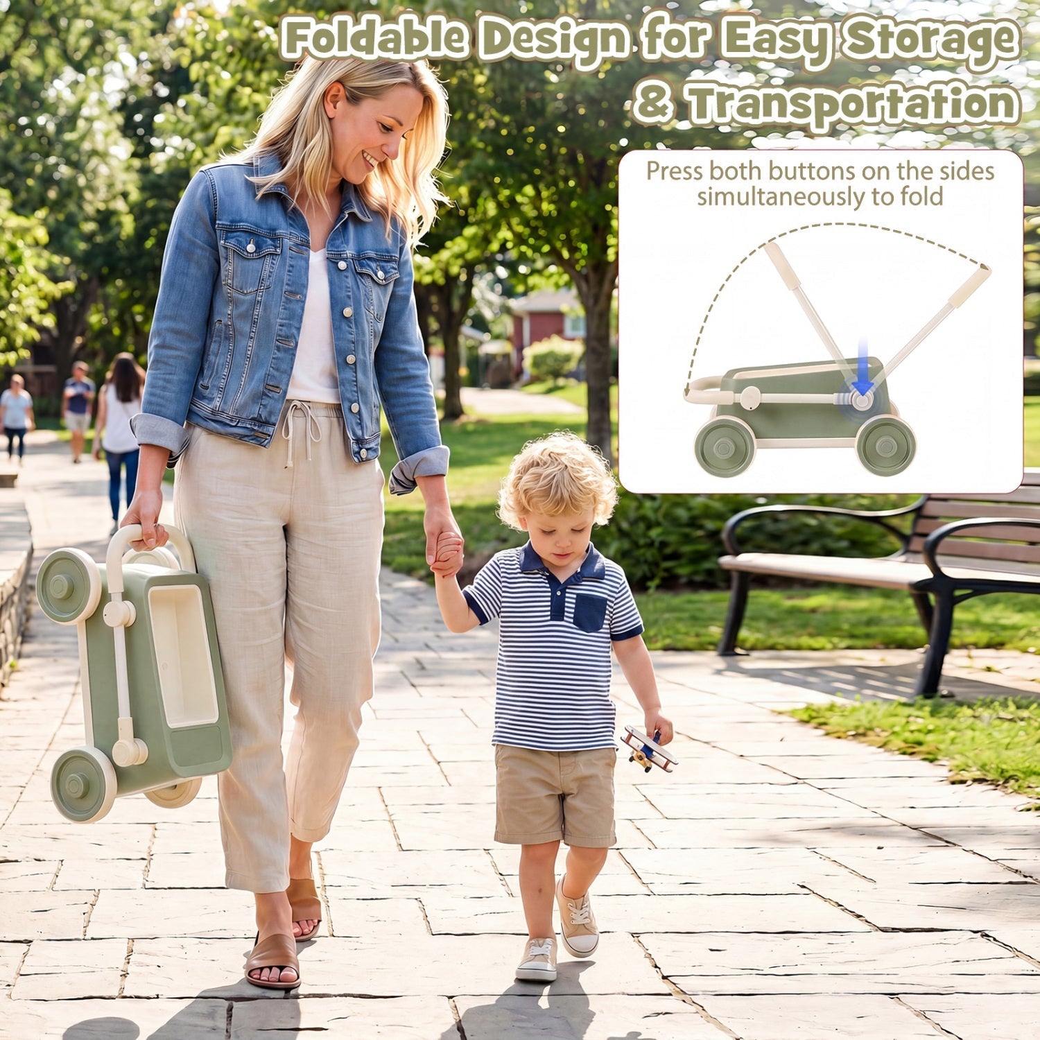 Push Walker with Storage Basket and Foldable Handle