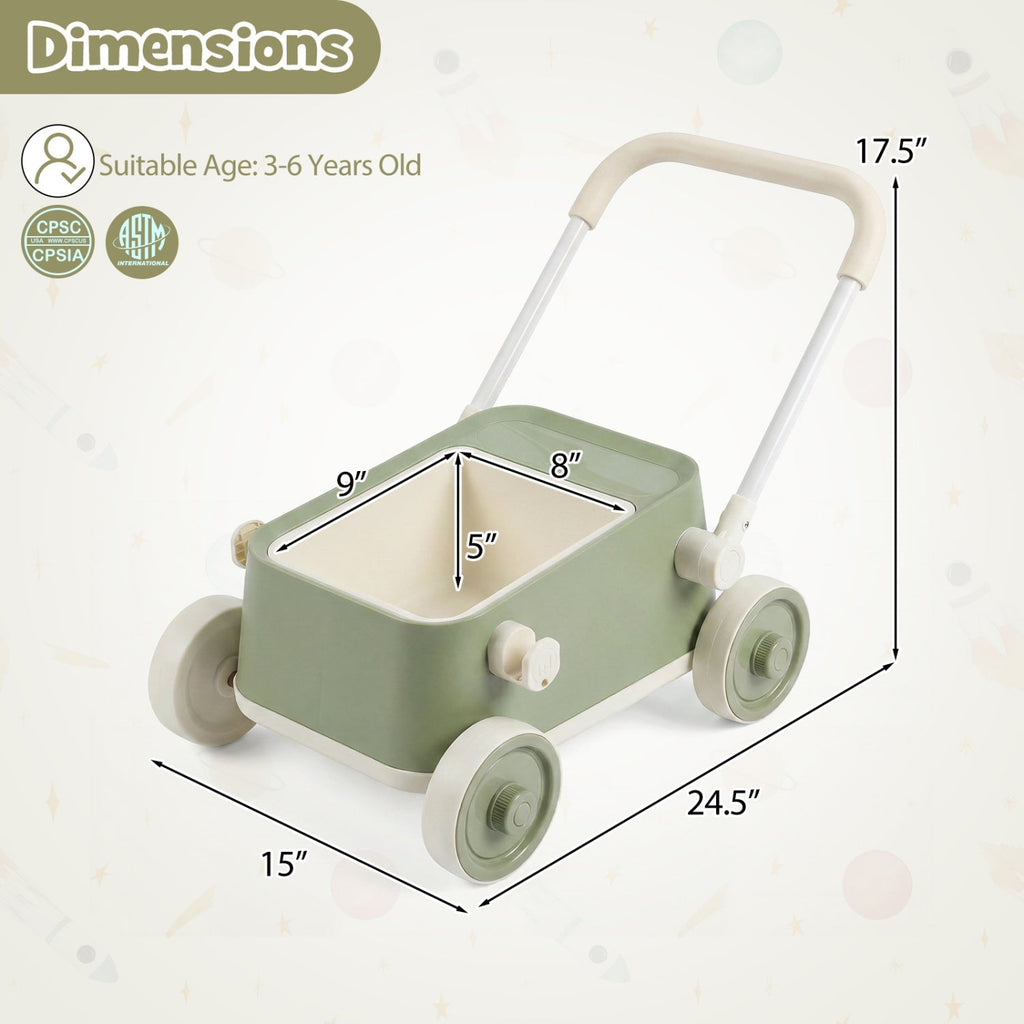 Push Walker with Storage Basket and Foldable Handle
