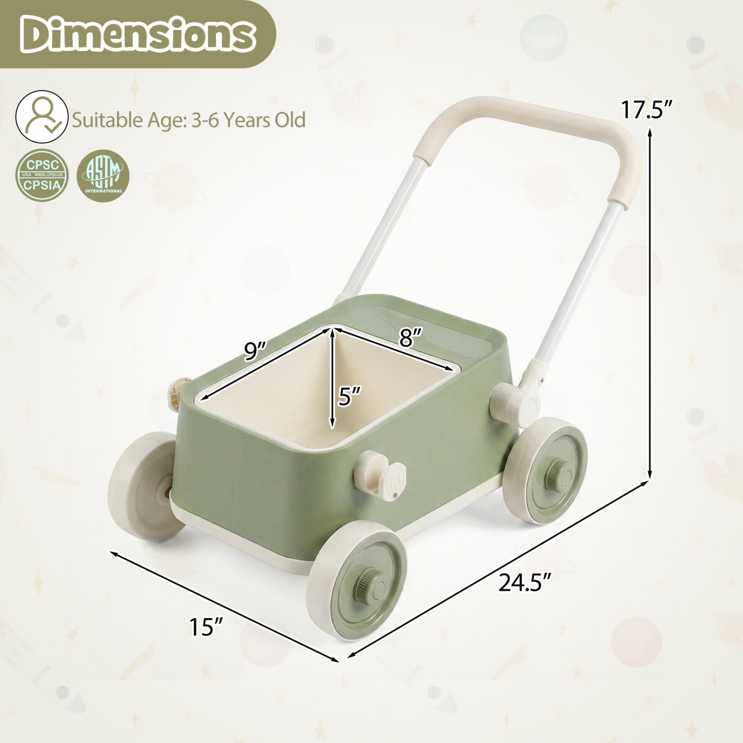 Push Walker with Storage Basket and Foldable Handle