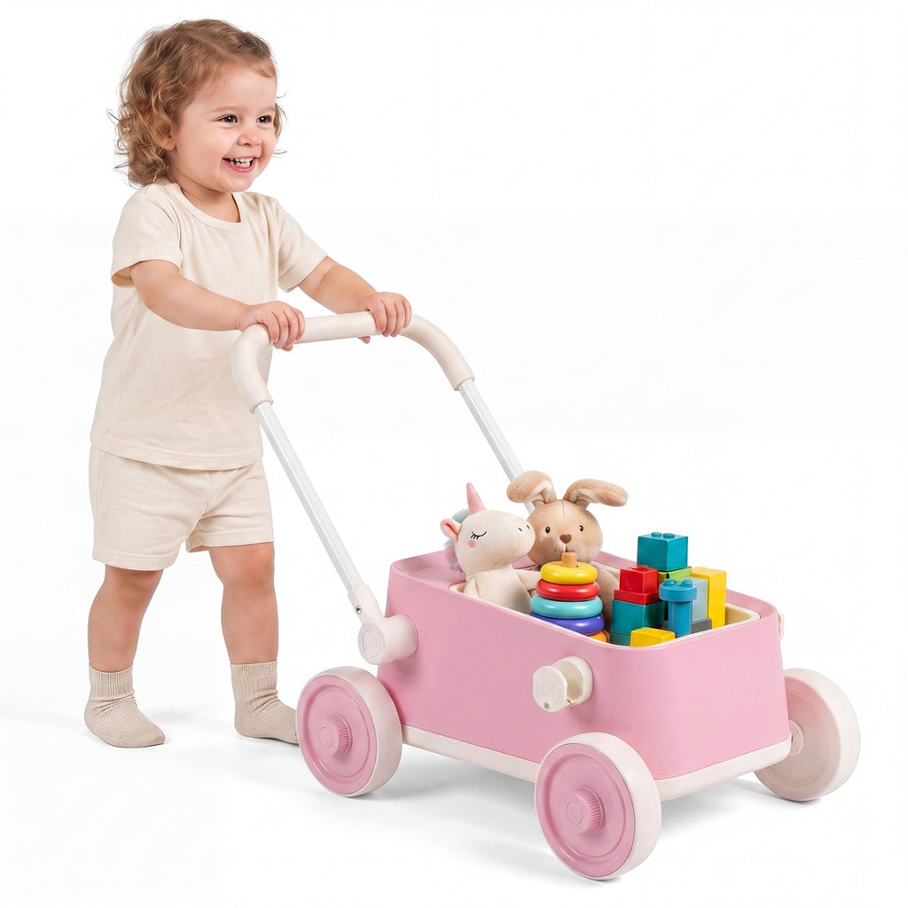 Push Walker with Storage Basket and Foldable Handle