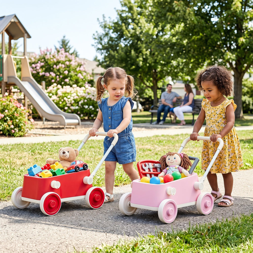 Push Walker with Storage Basket and Foldable Handle