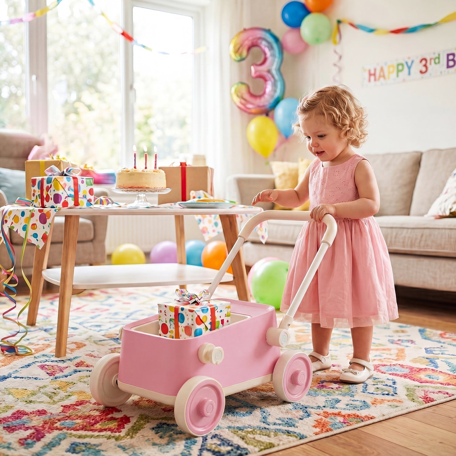 Push Walker with Storage Basket and Foldable Handle