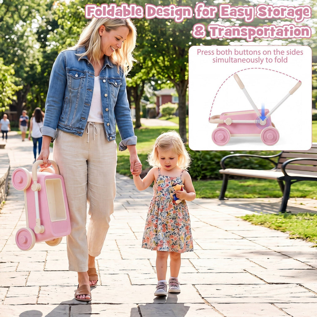 Push Walker with Storage Basket and Foldable Handle
