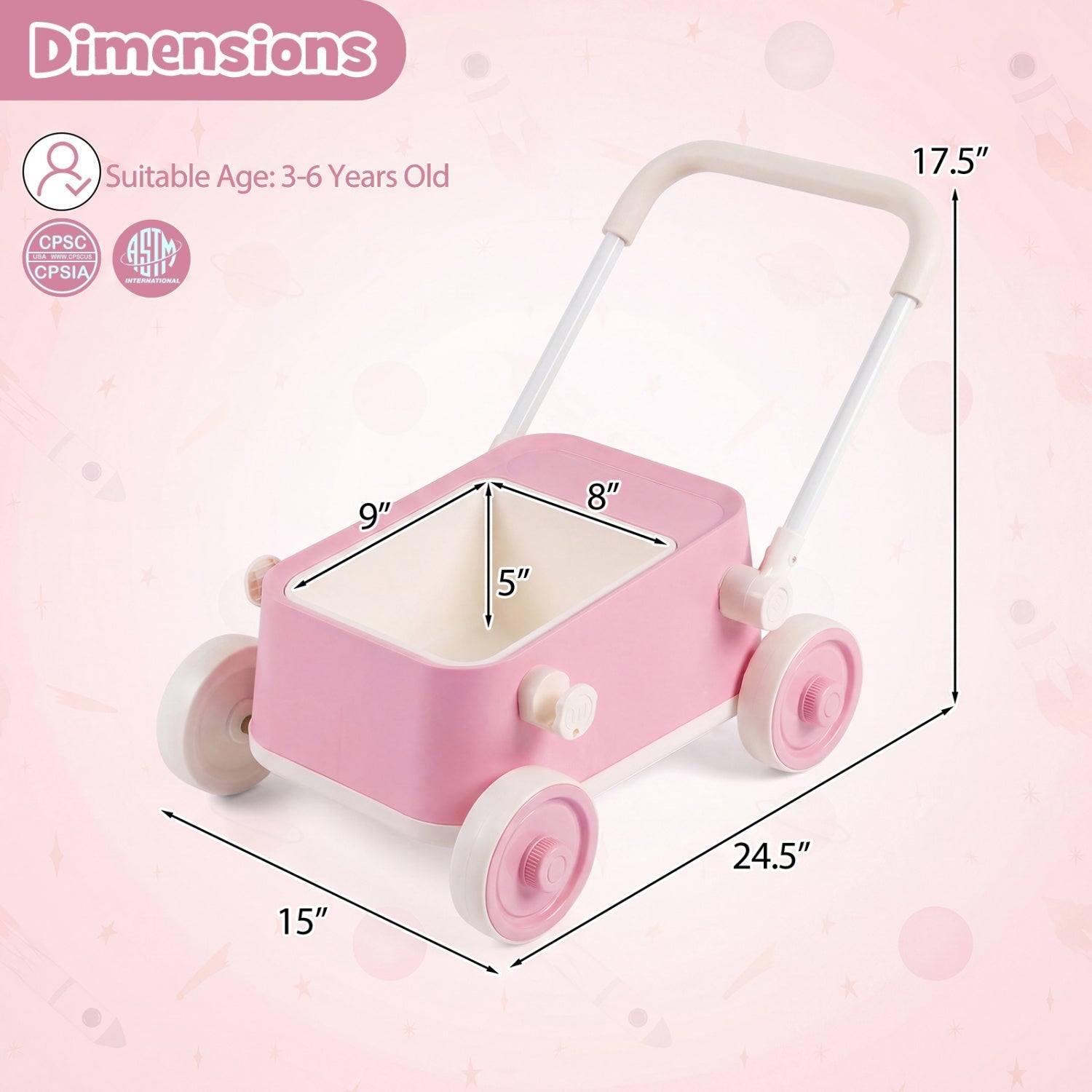 Push Walker with Storage Basket and Foldable Handle