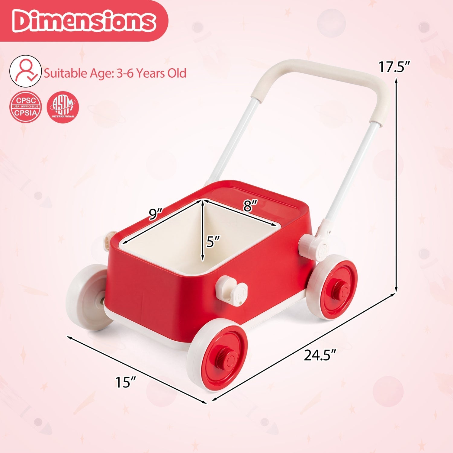 Push Walker with Storage Basket and Foldable Handle